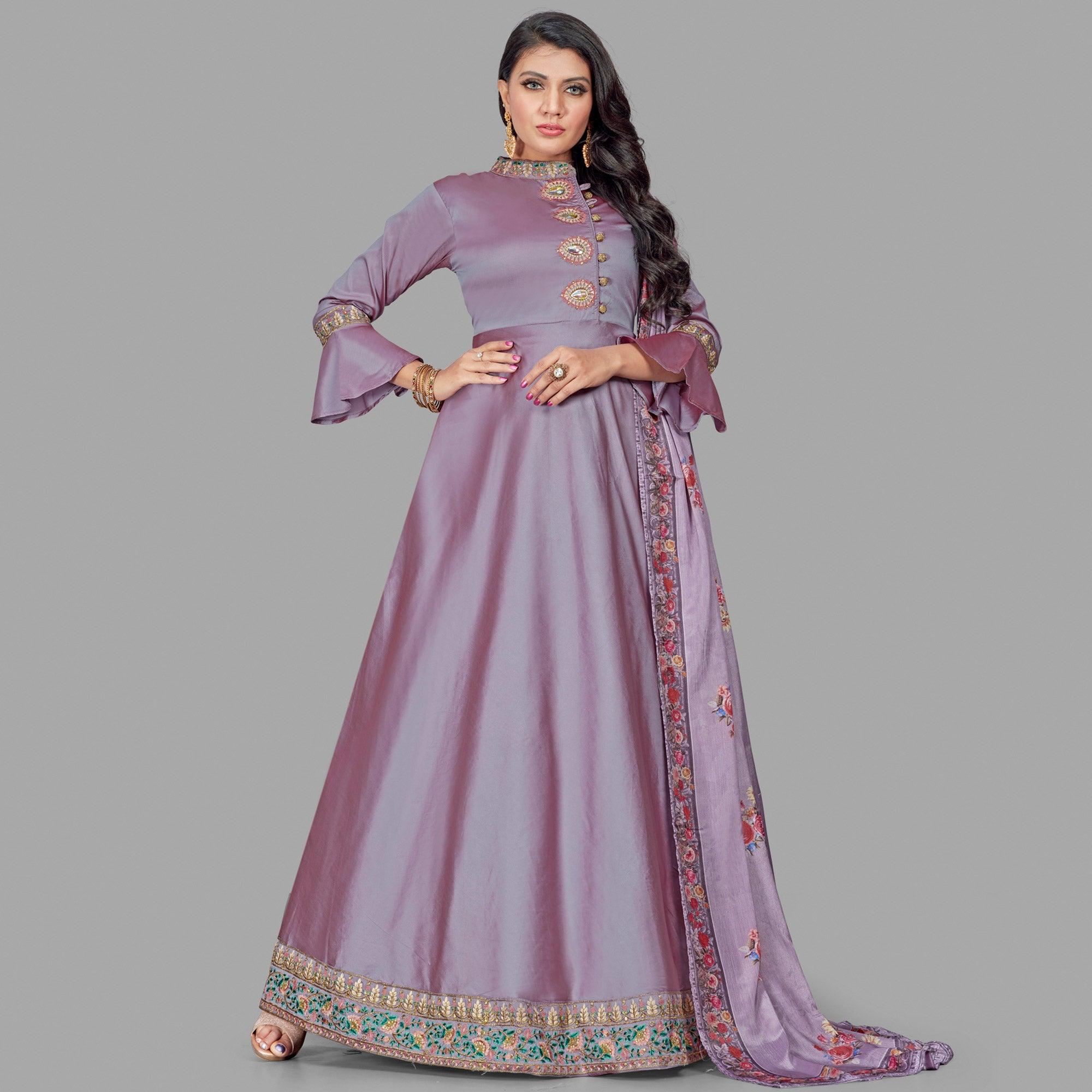 Peachmode Seller Charming Pink Coloured Embroidered Party Wear Taffeta Gown - view 2