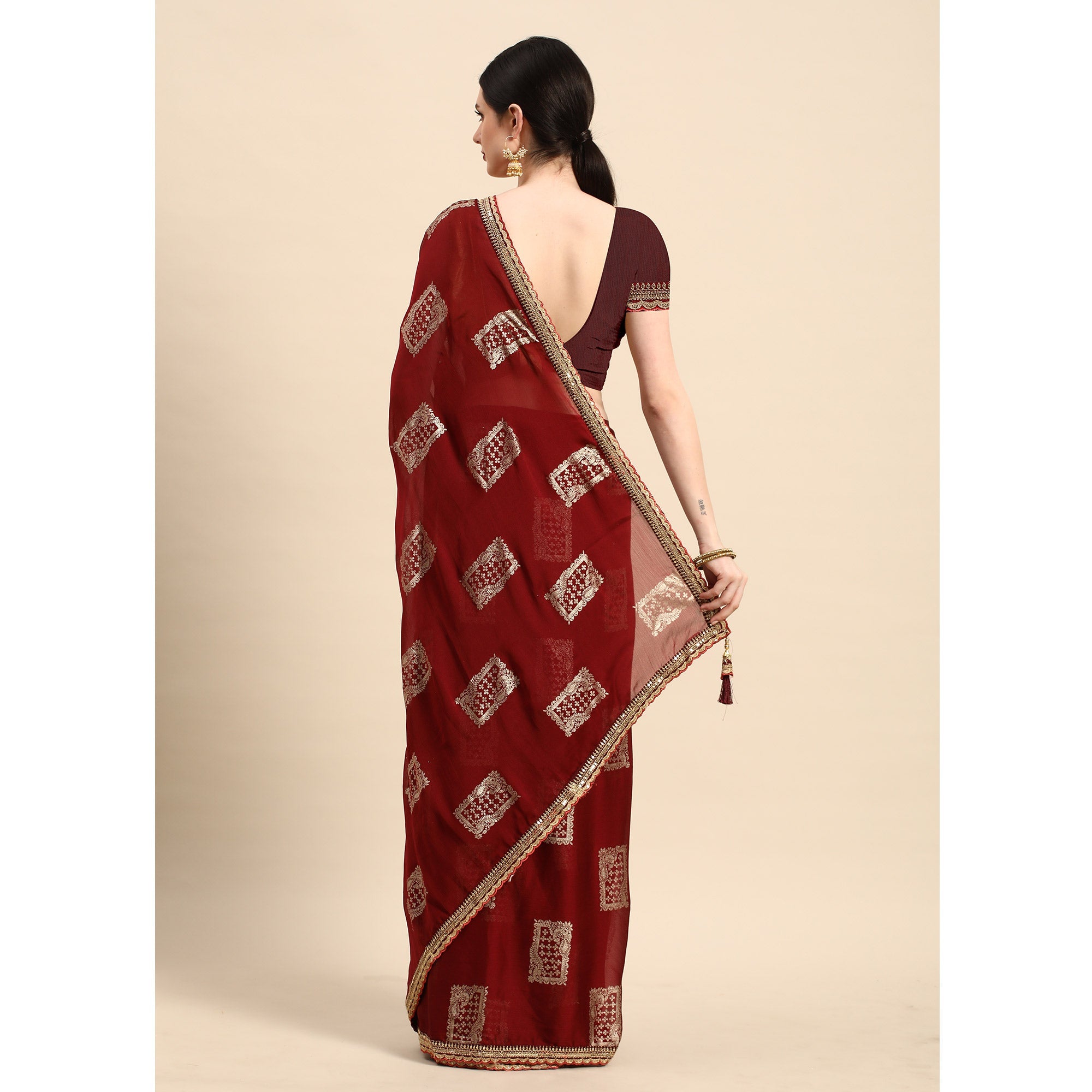 Peachmode Maroon Foil Printed With Embroidered Border Chiffon Saree - view 4