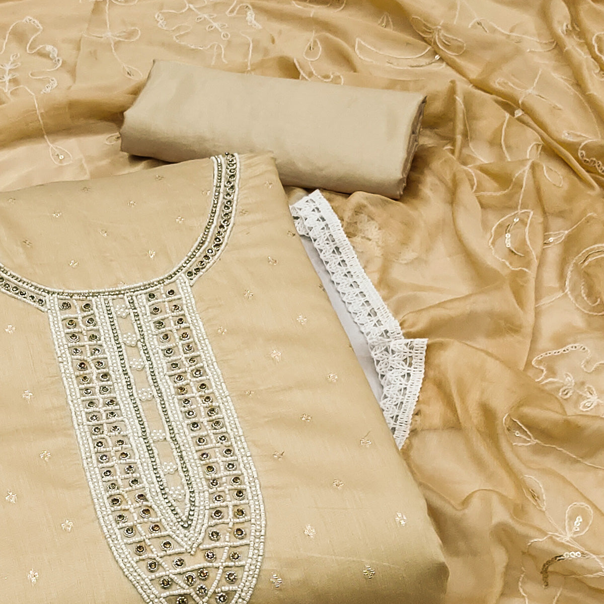 Peachmode Chikoo Woven With Moti Handwork Chanderi Silk Dress Material - view 2
