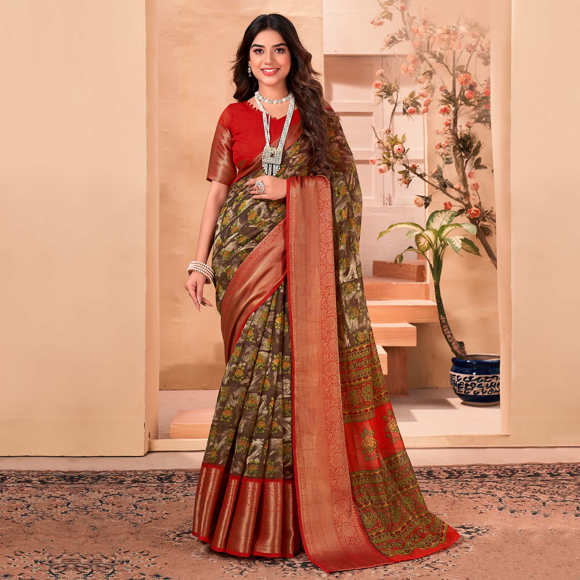 Peachmode Brown Printed Cotton Blend Saree With Jacquard Border