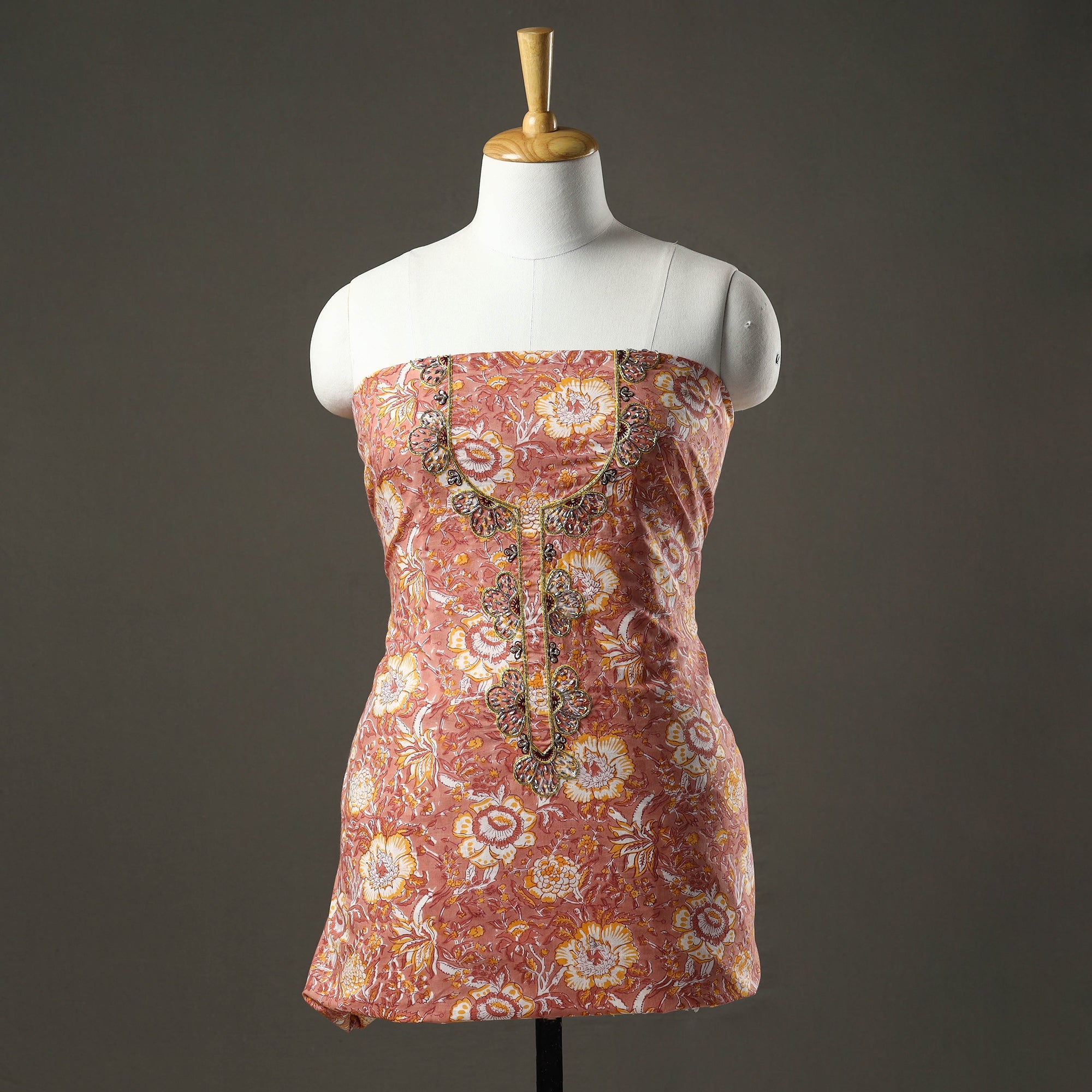 JUGNI Brown - Embroidered Sanganeri Block Print Cotton Kurta Material with Beads - 2.5 Meter