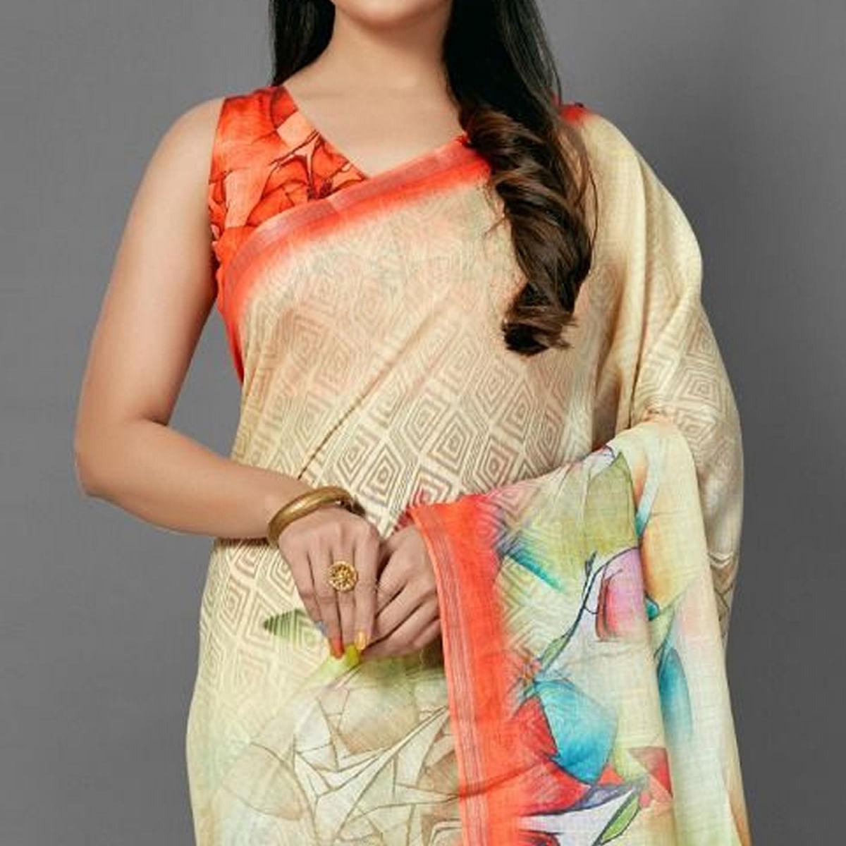 Peachmode Cream Casual Pure Linen Digital Print Saree With Unstitched Blouse - view 2