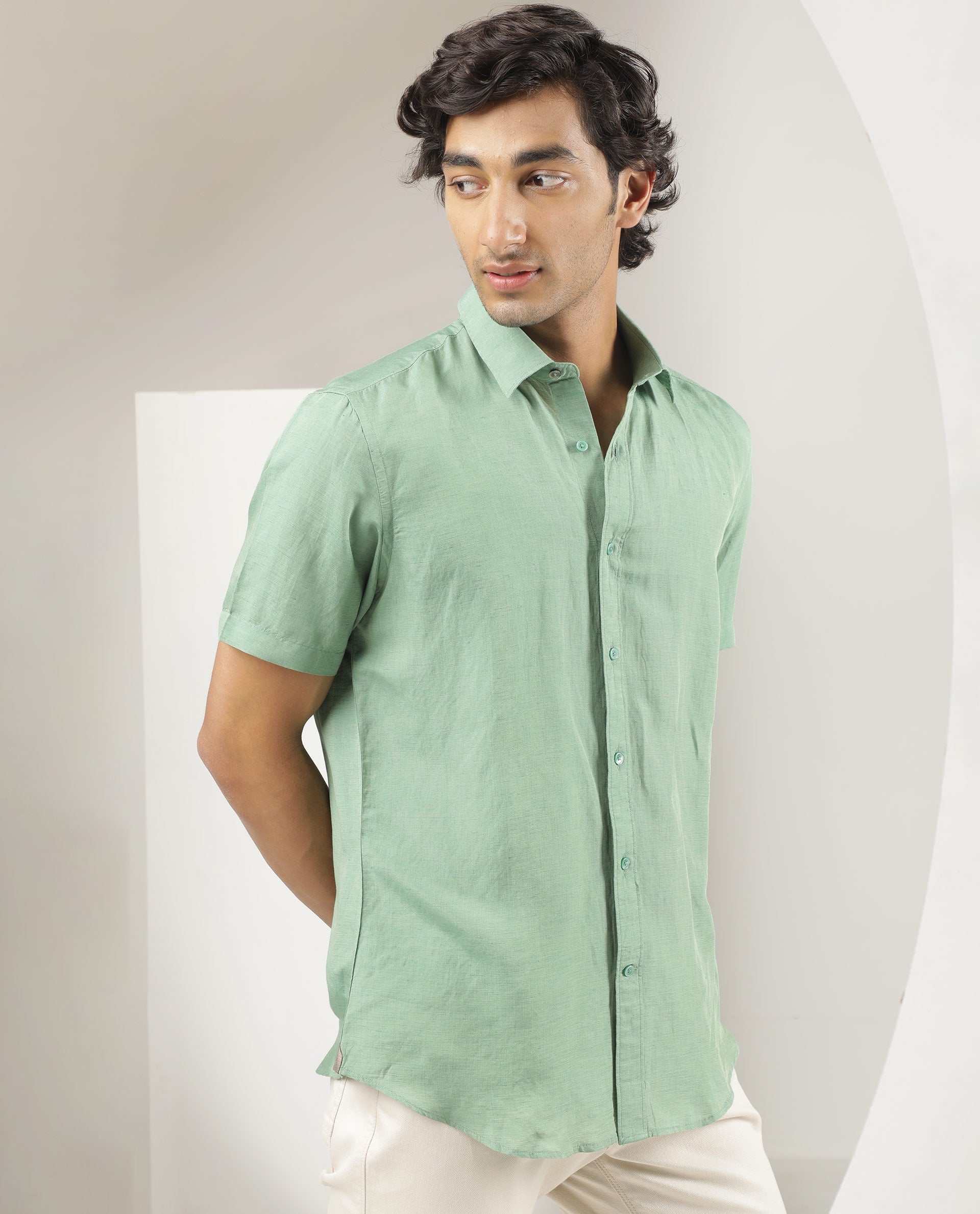 Rare Rabbit Men's Mik Light Green Modal Linen Fabric Half Sleeves Solid Shirt - view 3