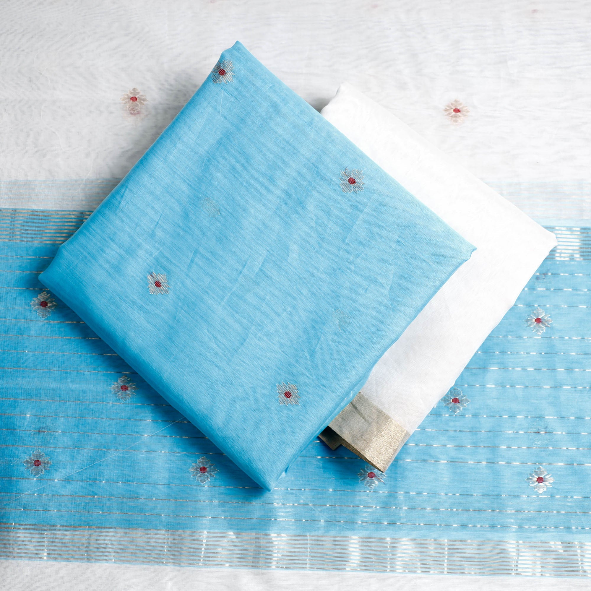 ITOKRI CRAFTS INITIATIVE Blue - 3pc Chanderi Silk Cotton Handloom Flower Zari Buta Suit Material Set - view 2