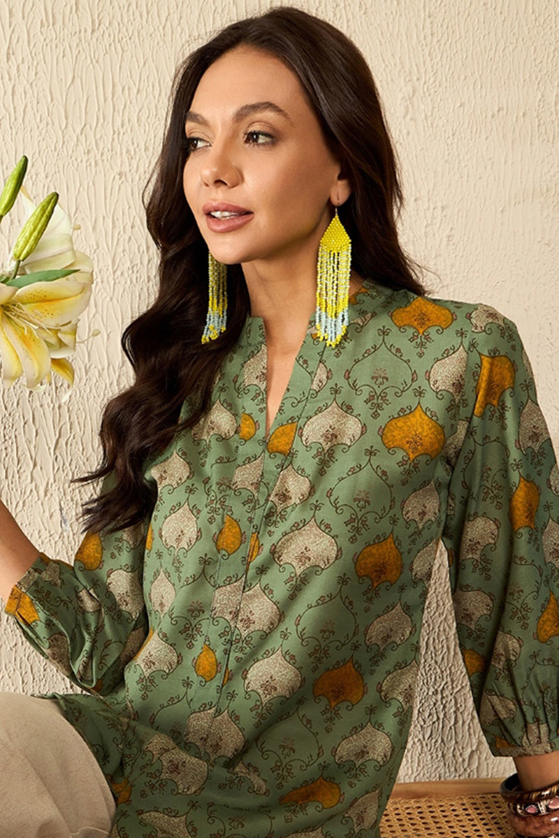 Ahika Green Cotton Blend Ethnic Motifs Printed Regular Kurti Tunics VT1325