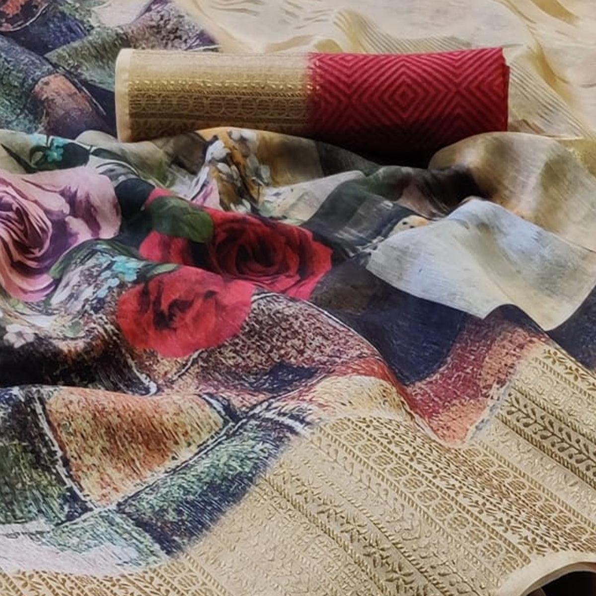 Peachmode Majesty Multi Colored Festive Wear Woven Banarasi Silk Saree - view 3