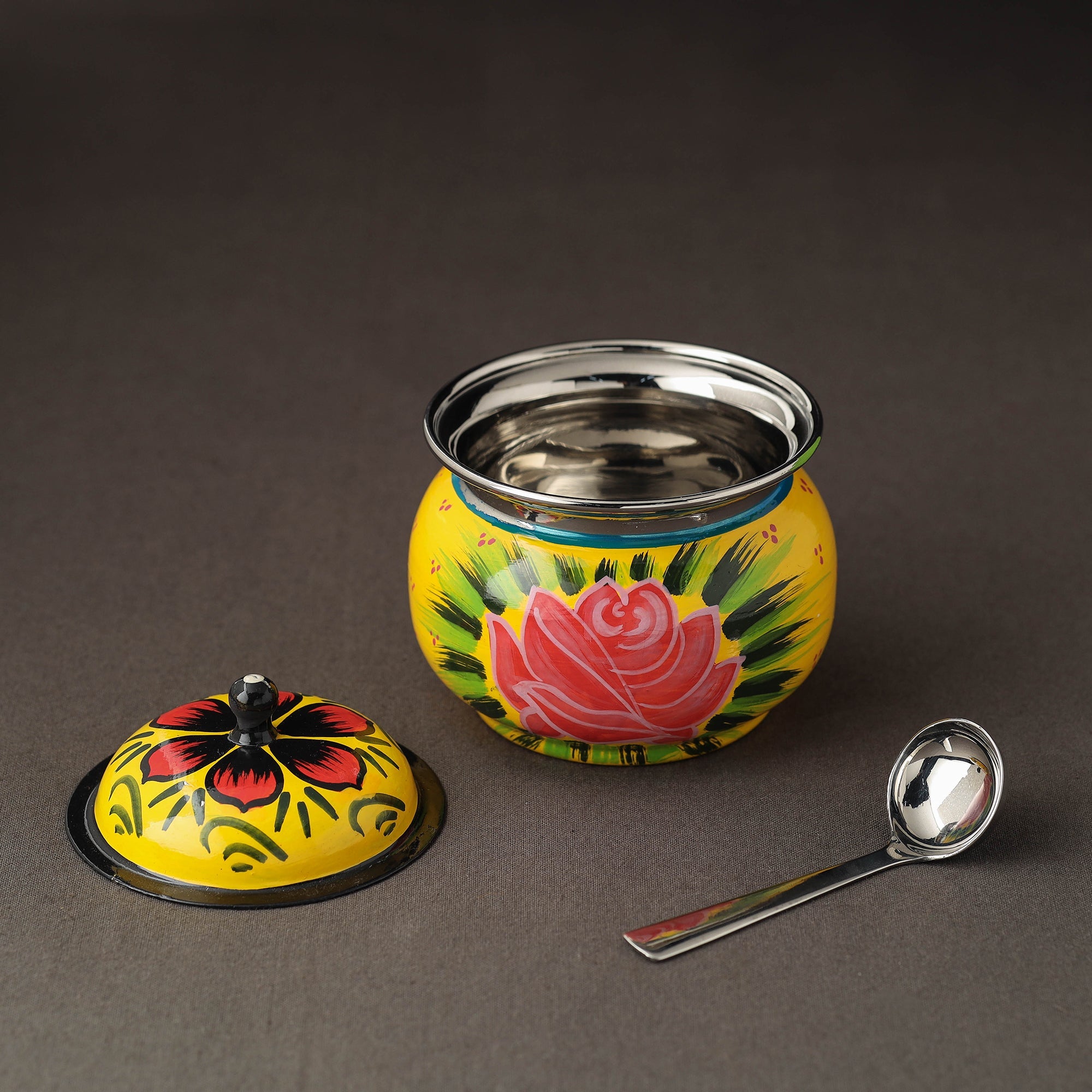 AAYAAS Banaras Handpainted Stainless Steel Small Ghee Pot with Spoon (250ml) - view 3
