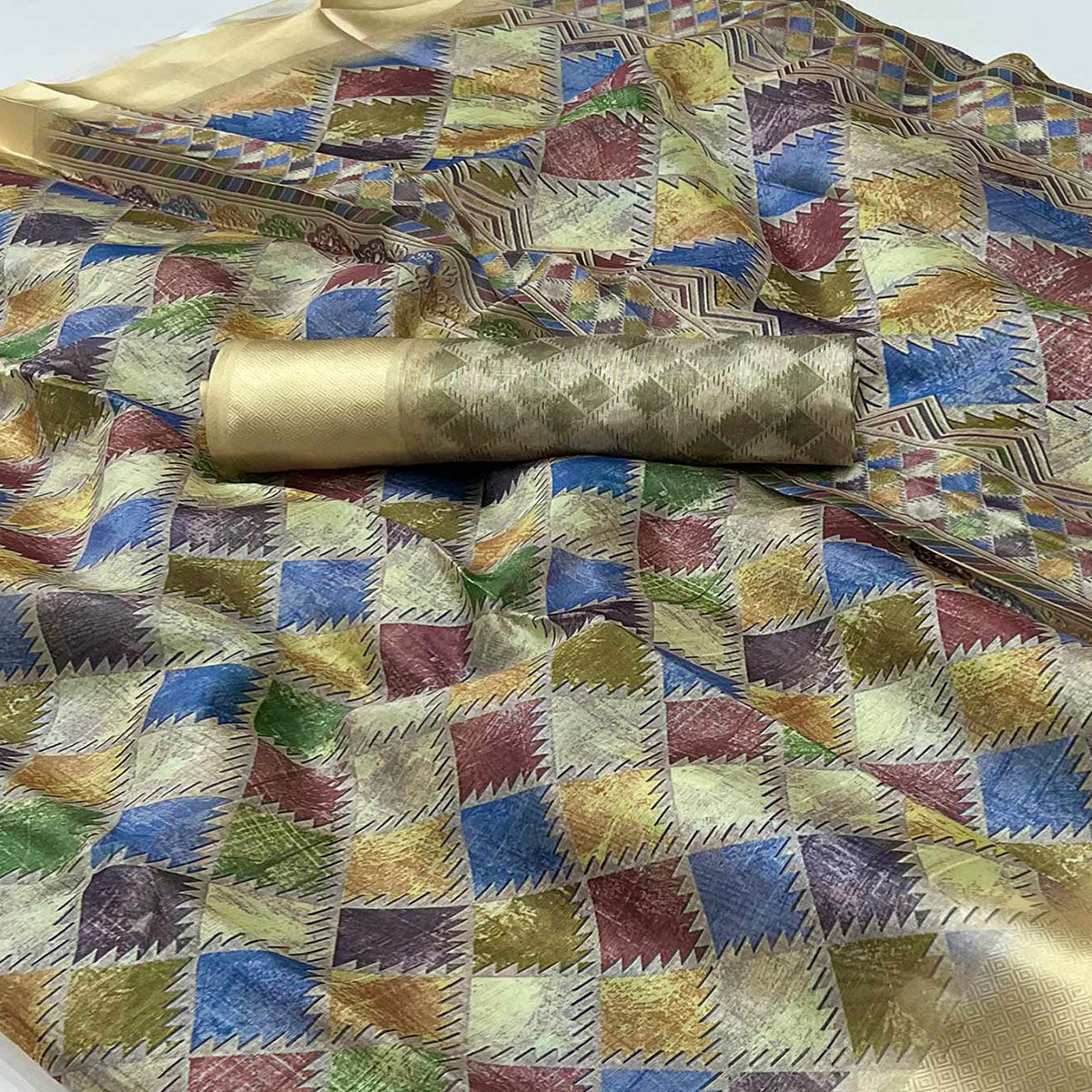 Peachmode Cream Digital Printed Cotton Blend Saree - view 2