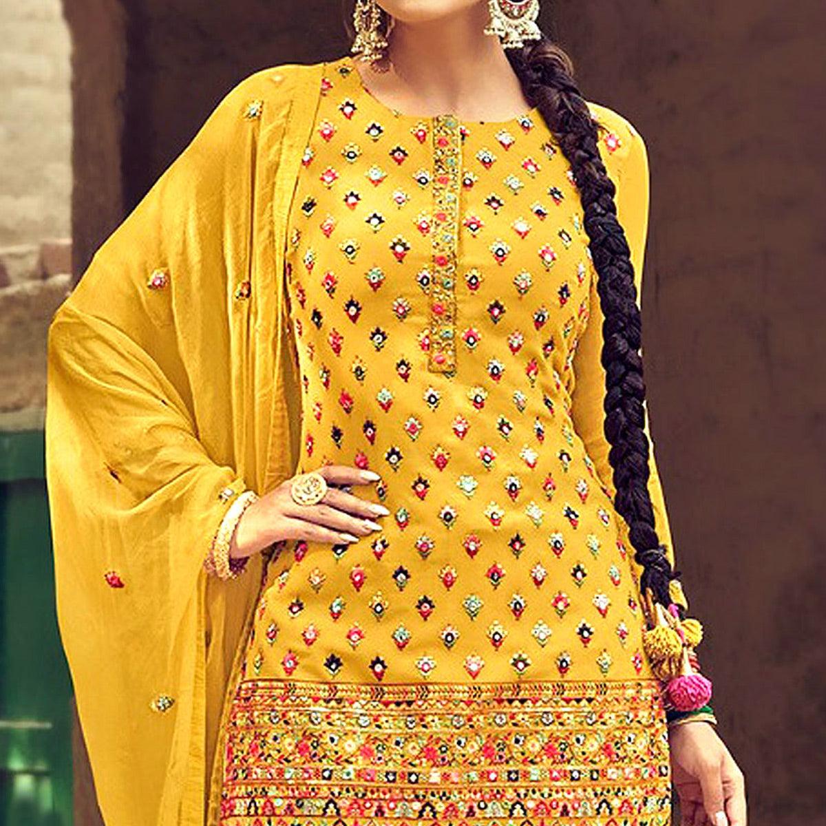 Peachmode Festive Wear Yellow Sequins Embroidery Work Faux Georgette Patiala Suit - view 2
