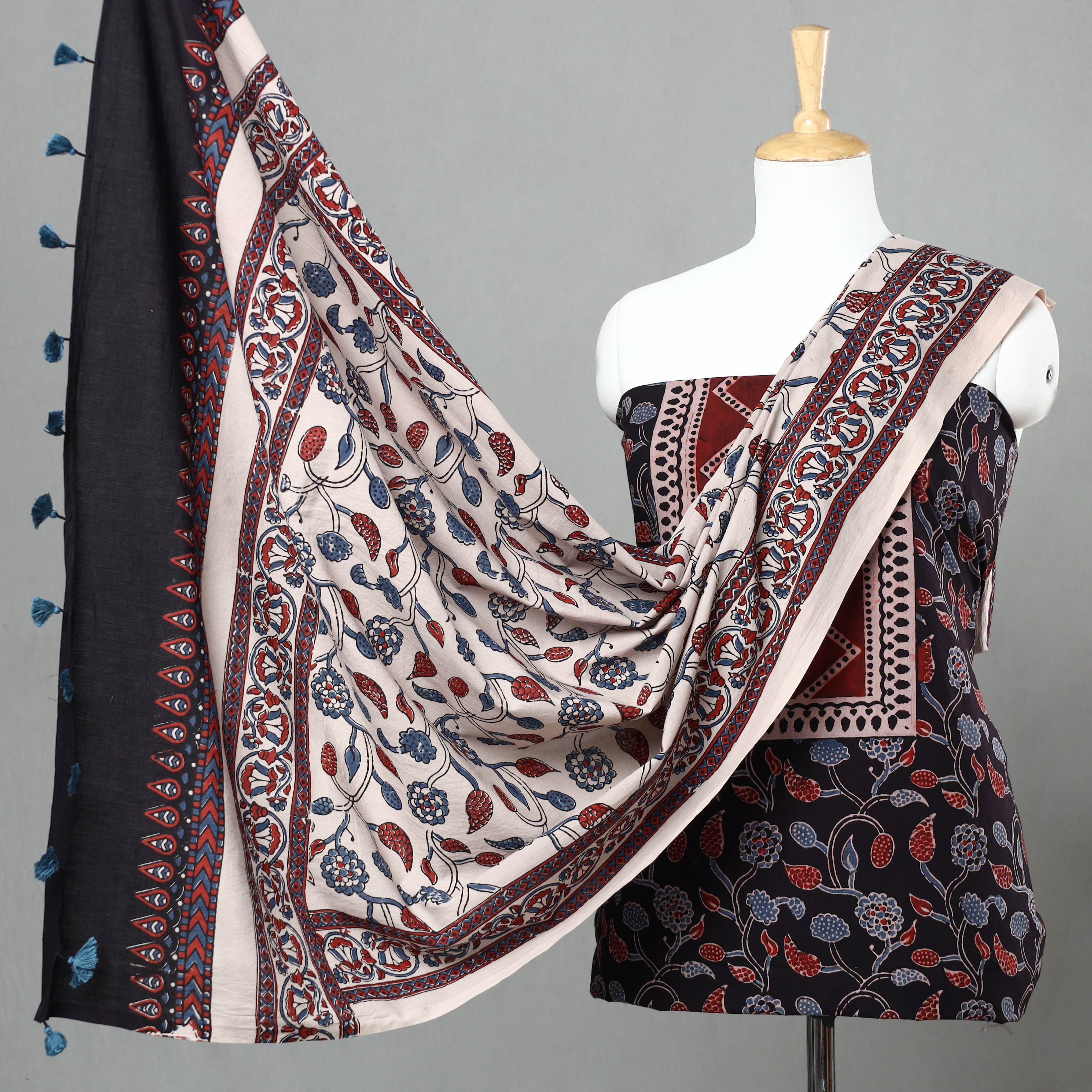 AJRAKH BY JABBAR KHATRI Black - 3pc Ajrakh Block Printed Natural Dyed Cotton Suit Material Set 12
