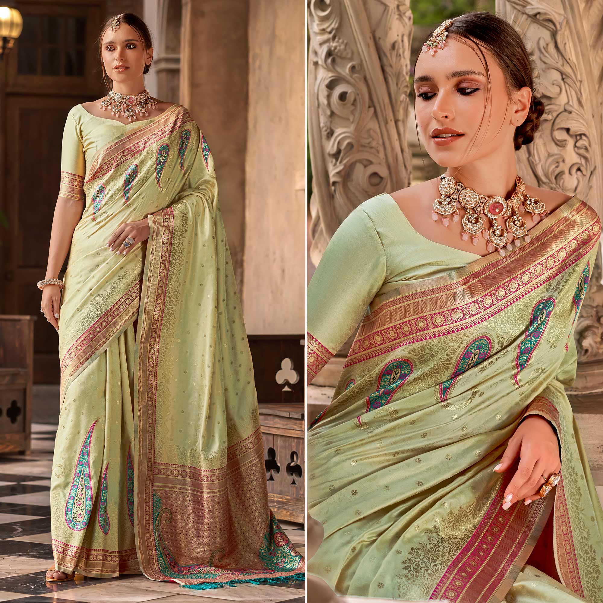 Peachmode Chikoo Floral Woven Banarasi Silk Saree With Tassels