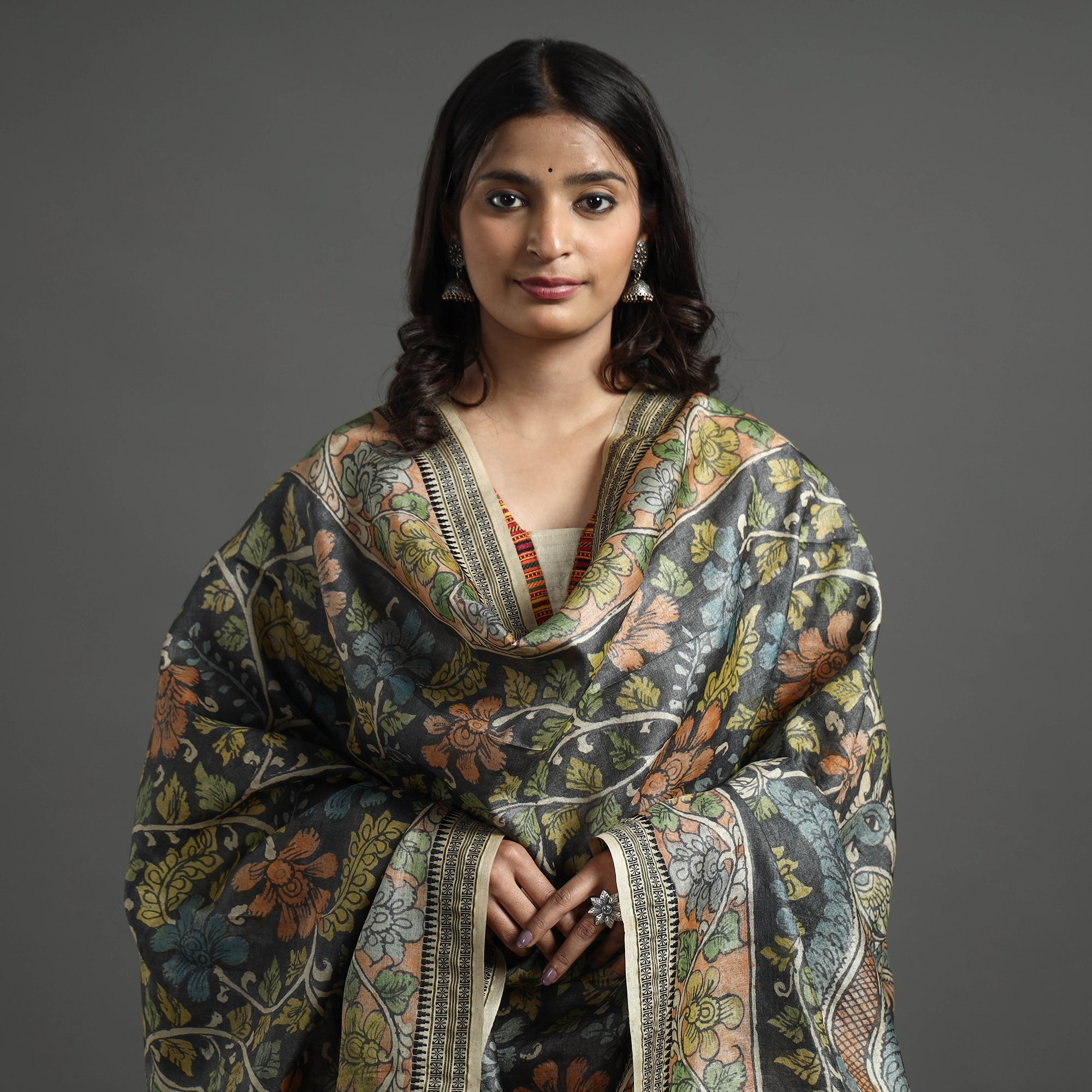 SOUTH KARGHA Black - Pure Tussar Silk Pen Work Srikalahasti Kalamkari Dupatta with Dobby Border - view 3
