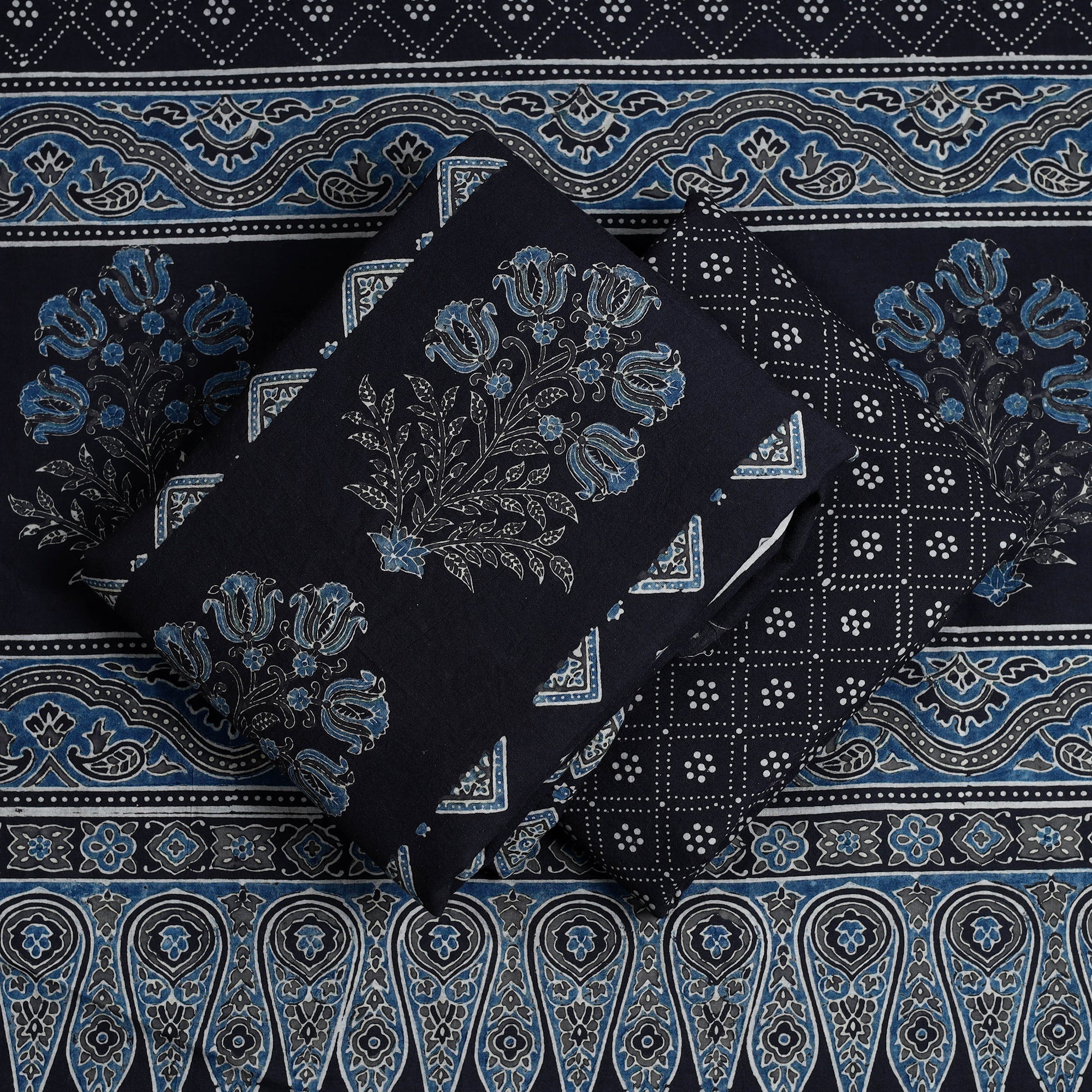 AJRAKH BY SUFIYAN ISMAIL KHATRI Black - Hand Block Print Cotton 3pc Ajrakh Dress Material 10 - view 2