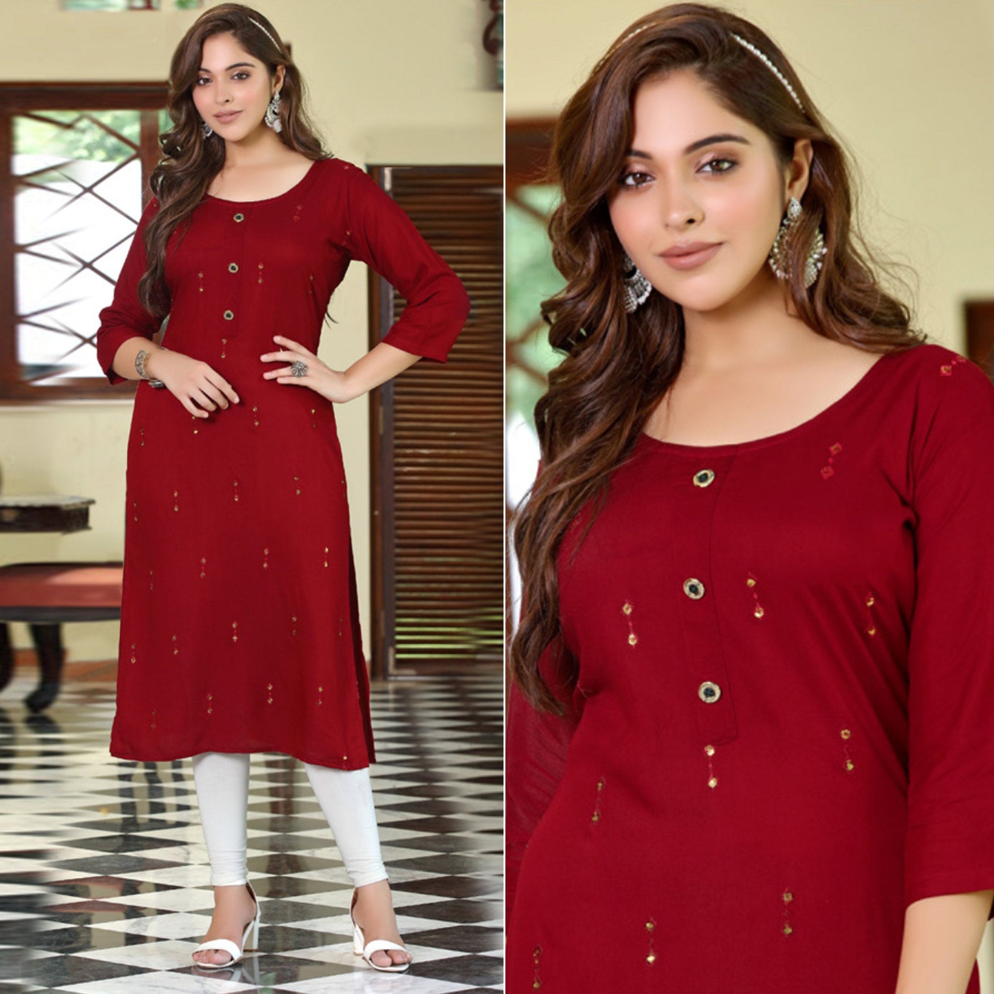 Peachmode Maroon Embroidered Rayon Kurti – Women's