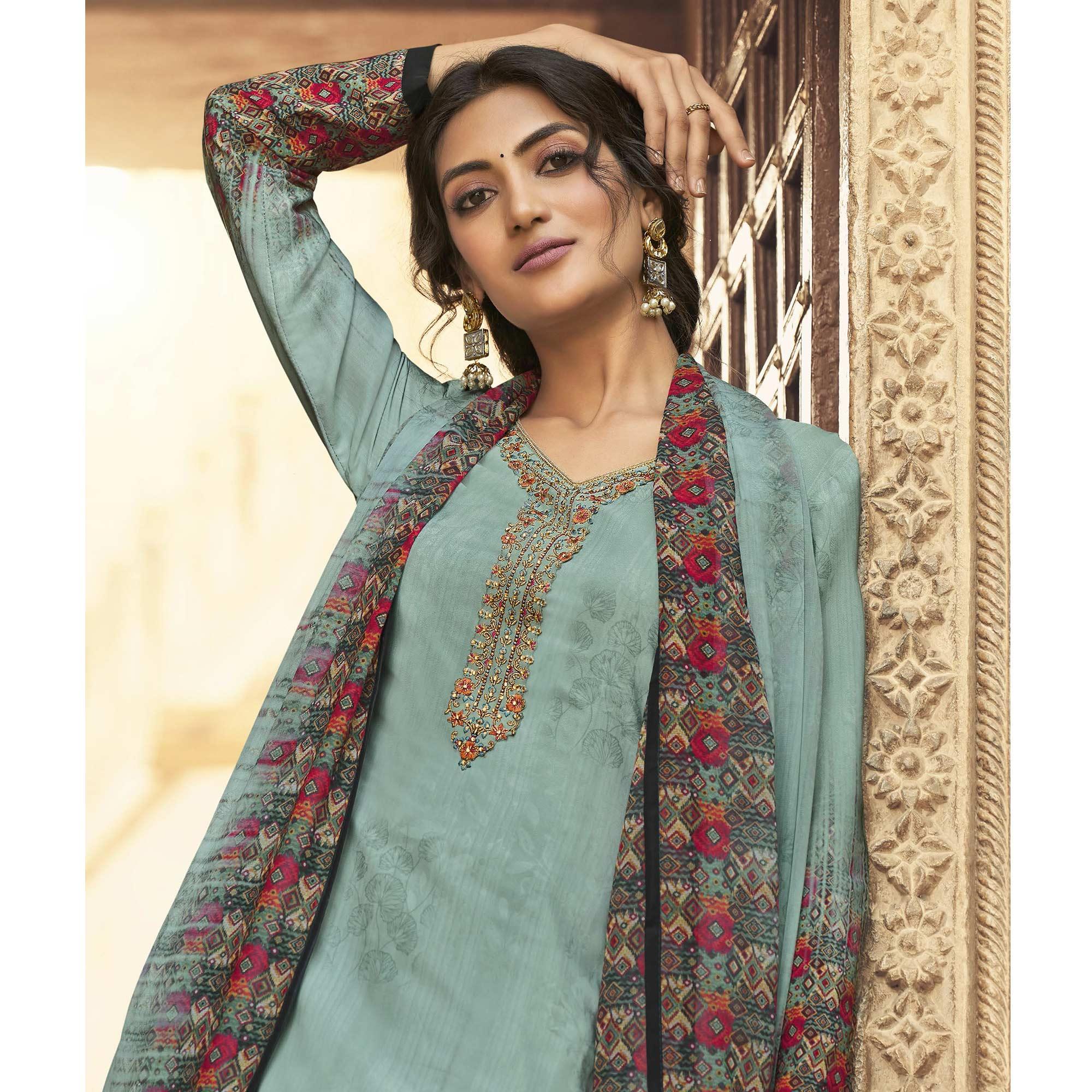 BlackTree grey-digital-printed-art-silk-palazzo-suit - view 4