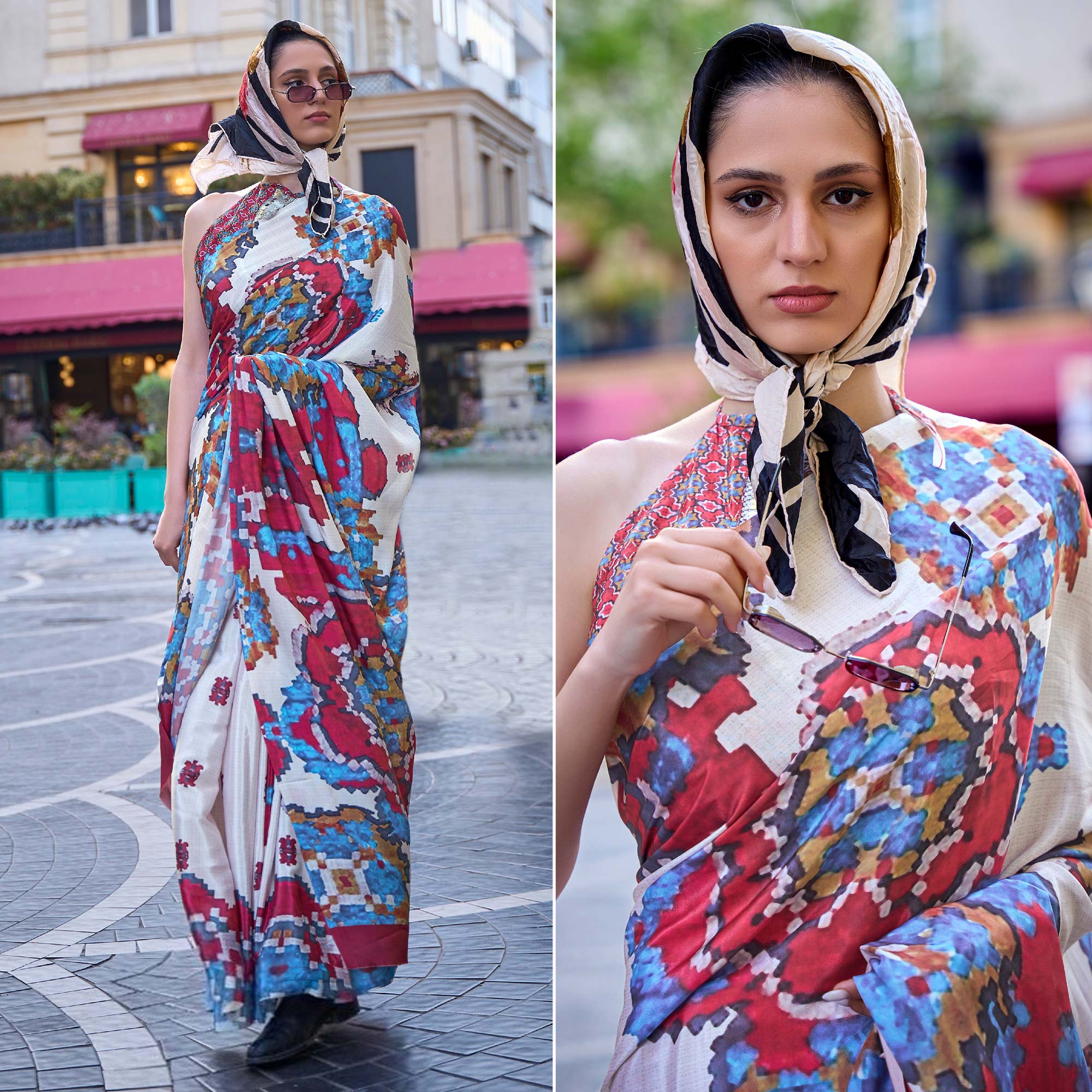 Peachmode Cream Digital Printed Crepe Saree – Women's