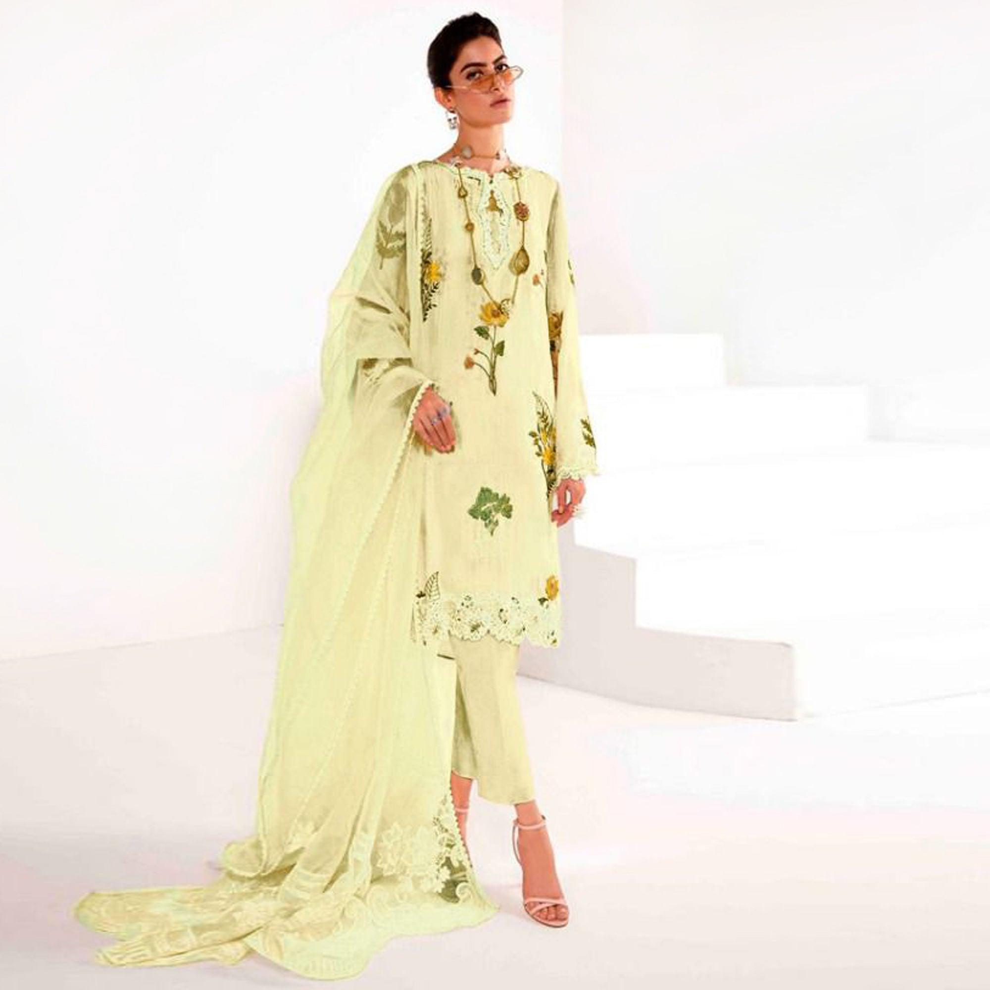 Peachmode Seller Light Yellow Partywear Floral Embroidered Georgette Pakistani Suit