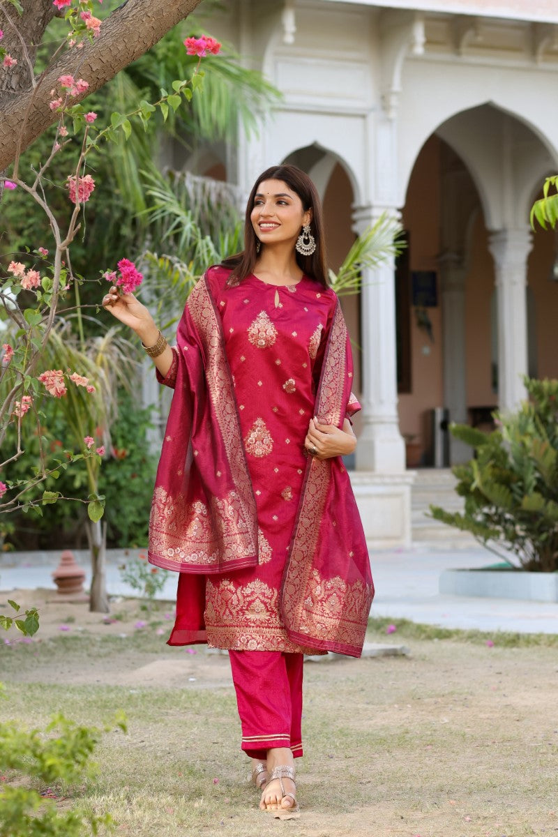 AHIKA Women Maroon Woven Design Kurta Trousers With Dupatta PKSKD1193 - view 5
