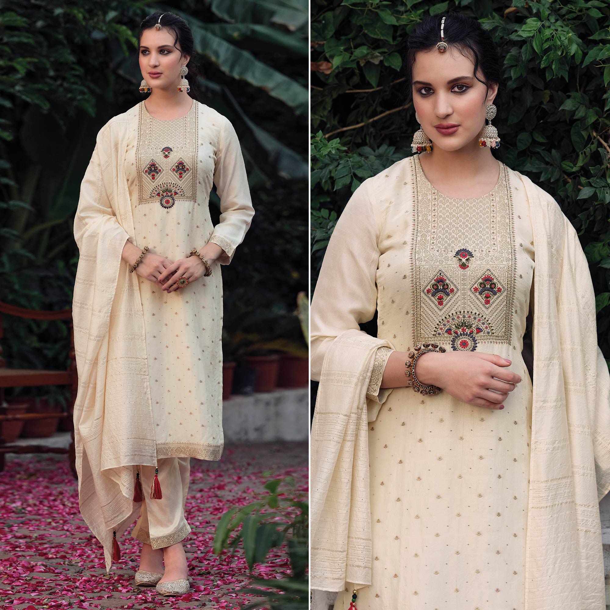 Peachmode Seller Cream Floral Woven Muslin Salwar Suit