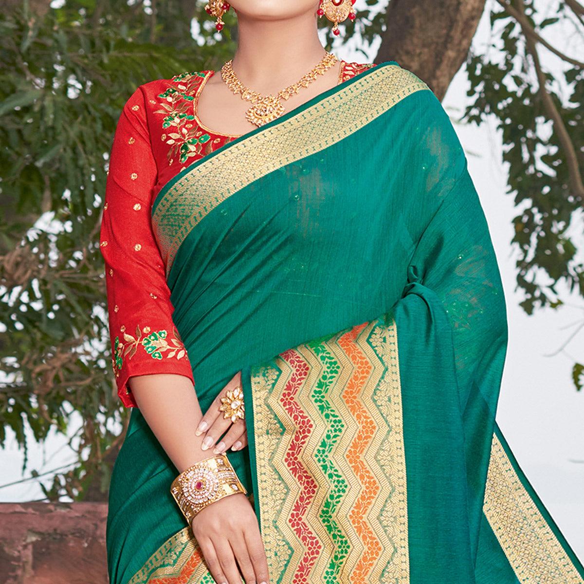 Peachmode Mesmeric Turquoise Green Colored Festive Wear Woven Handloom Silk Saree - view 2