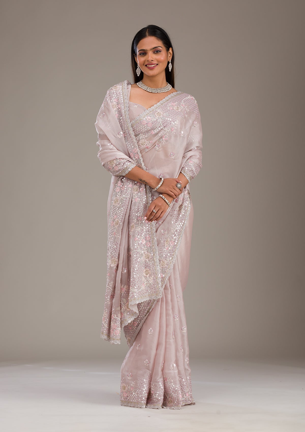 Koskii Light Grey Sequins Tissue Saree – Women's - view 7