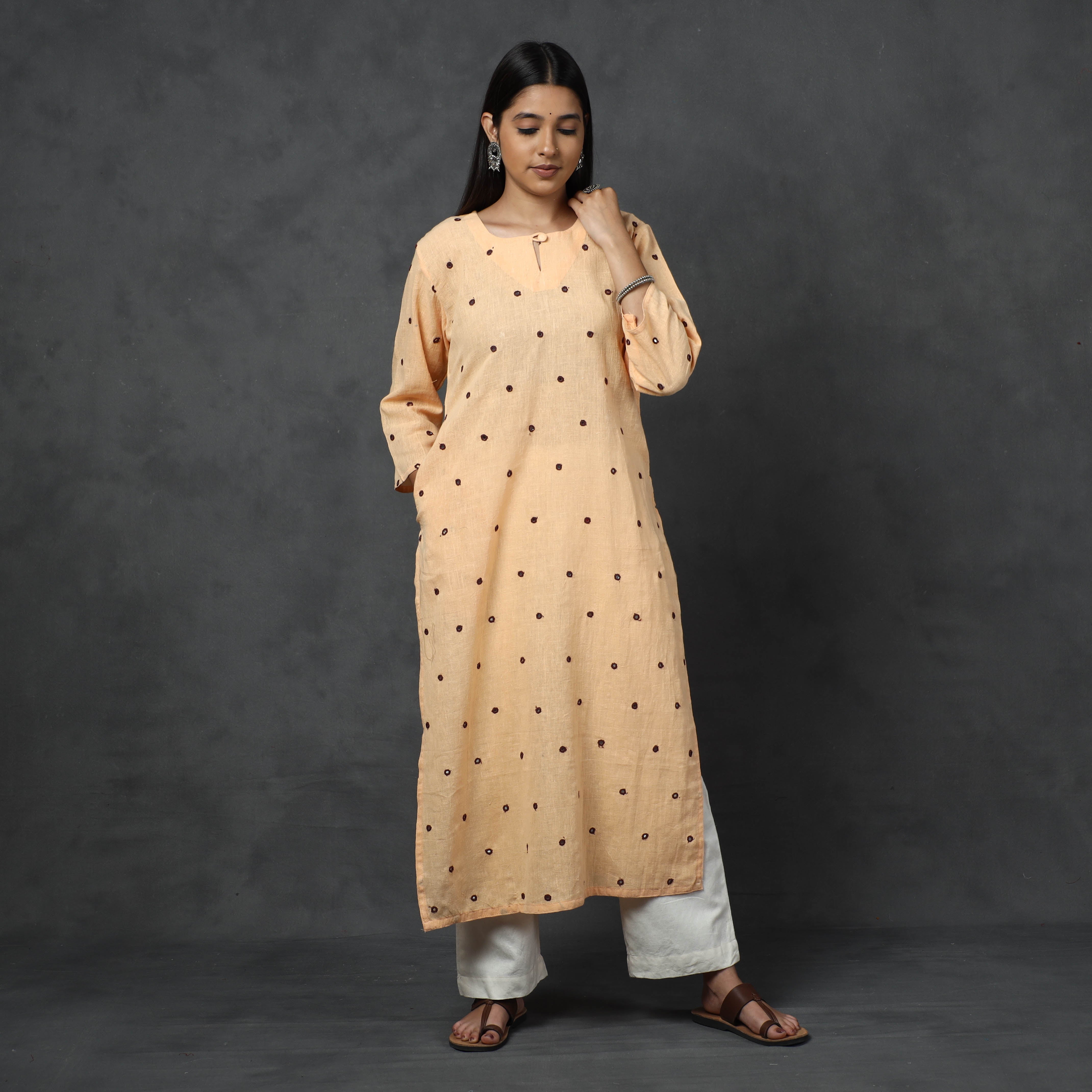 ITOKRI CASUALS Beige - Organic Kala Cotton Handloom Mirror Work Long Kurta - view 2
