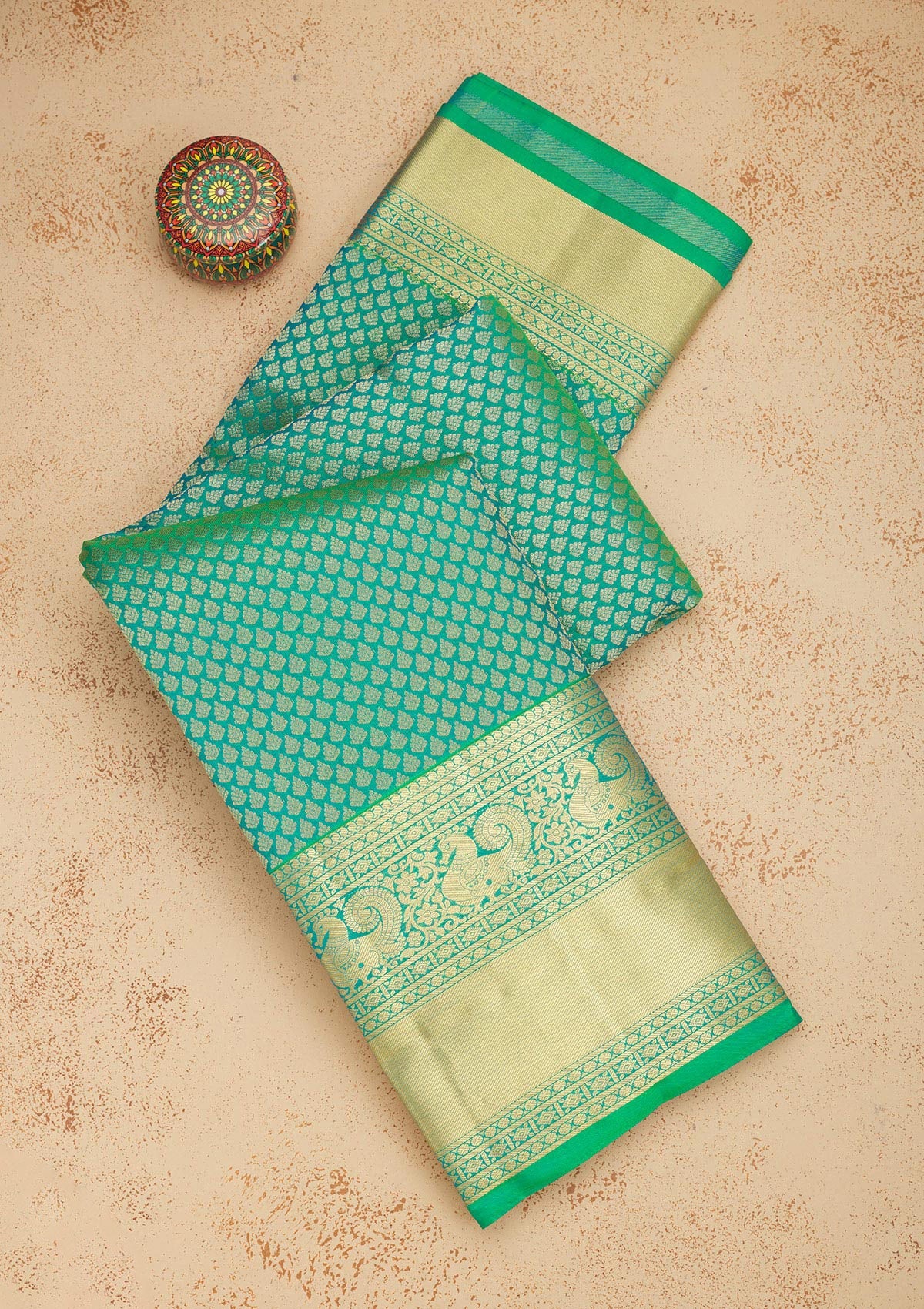 Koskii Peacock Green Zariwork Pure Silk Saree