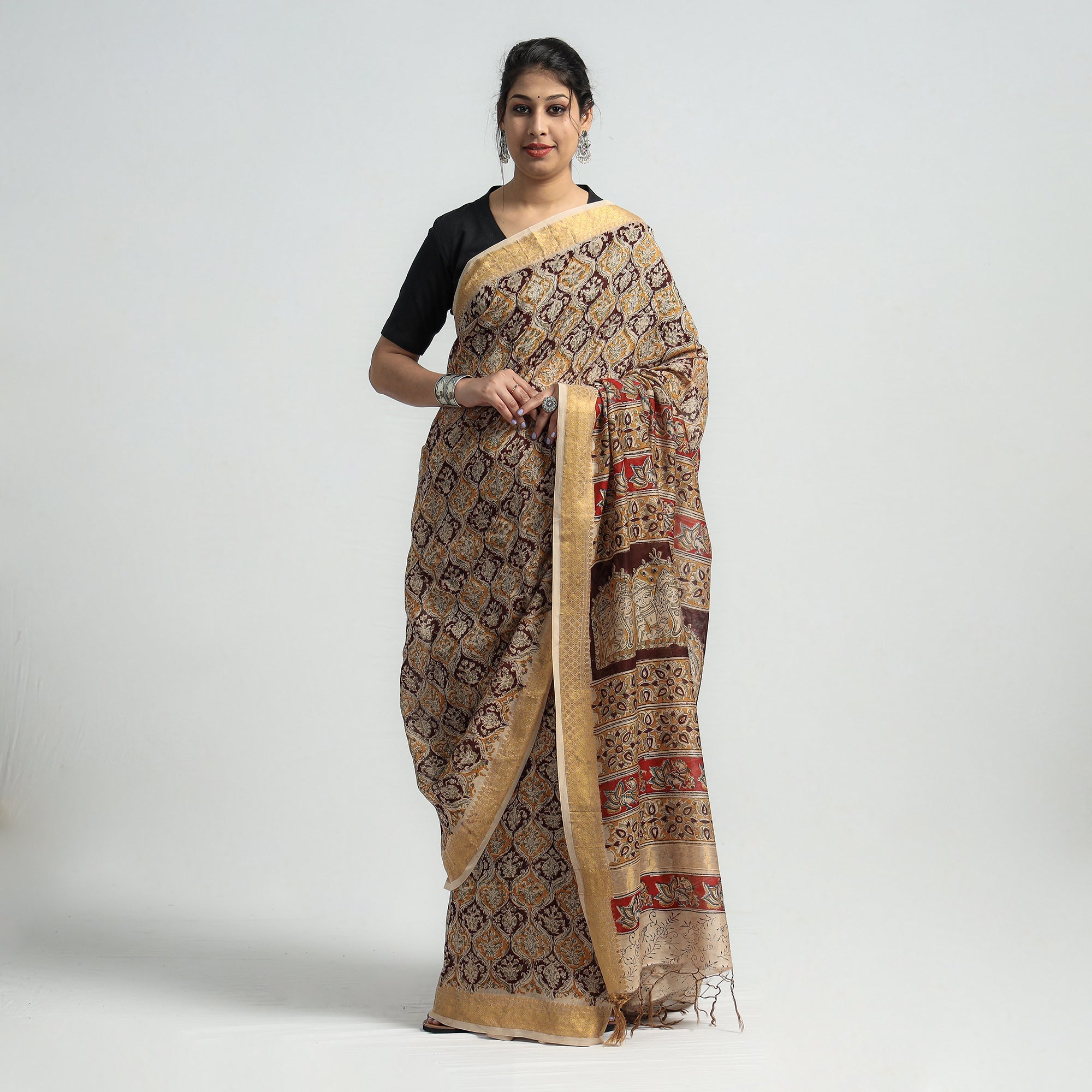 VENKATA BHANU KALAMKARI PEDANA Brown - Original Pedana Kalamkari Block Print Silk Saree