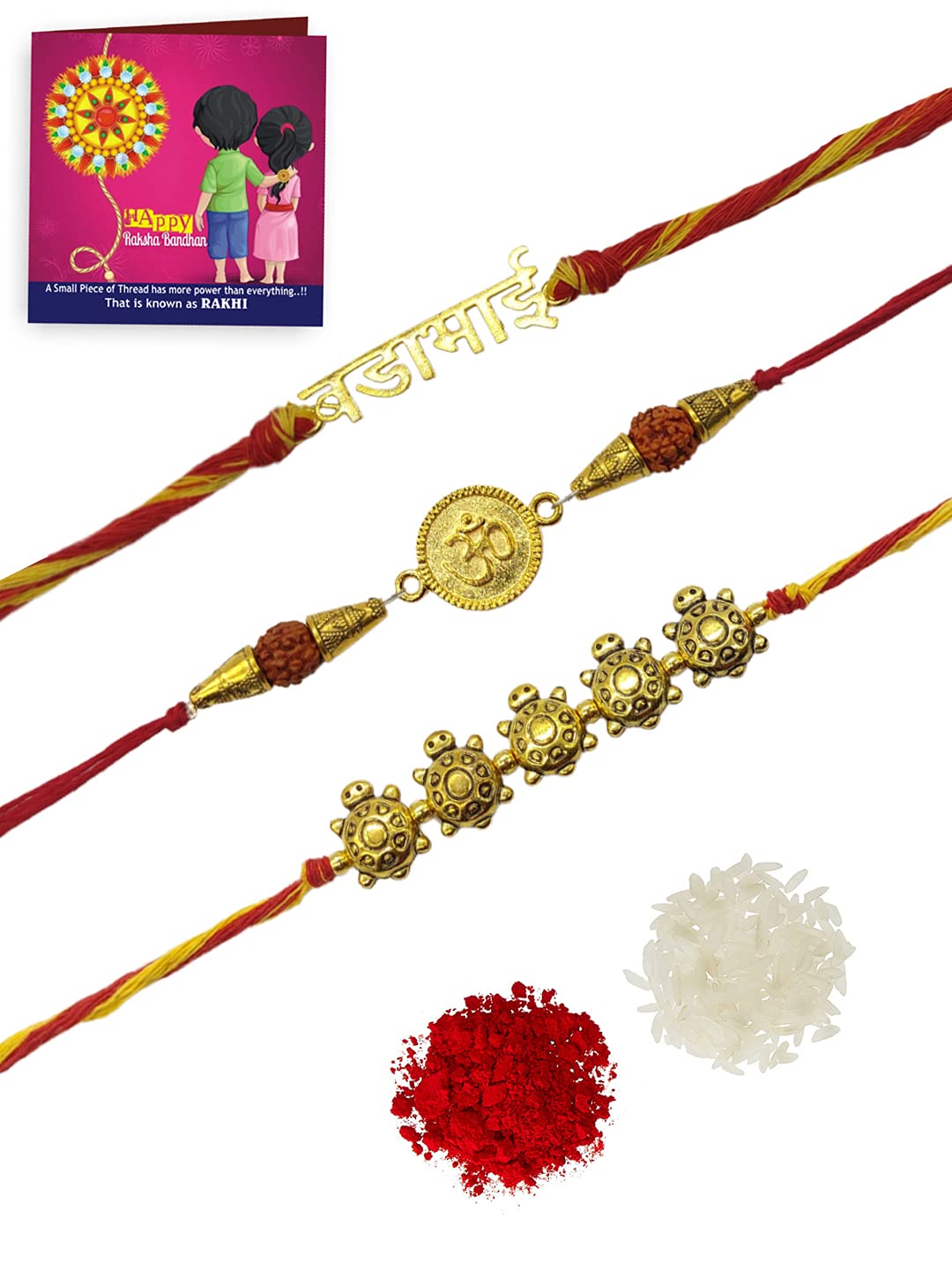 Yellow Chimes Handmade Dori Worked Gold Toned OM Tortoise Design Bada Bhai Engraved Rakhi Bracelet for Brother with Roli & Chawal, Red, Gold, Medium (