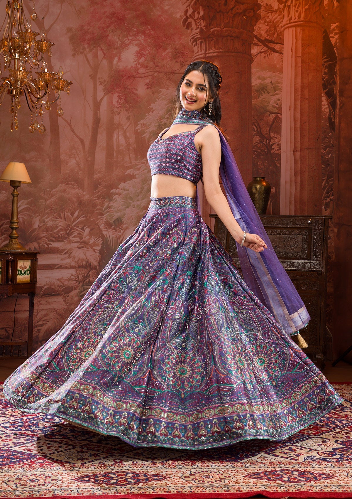 Koskii Purple Printed Semi Crepe Readymade Lehenga