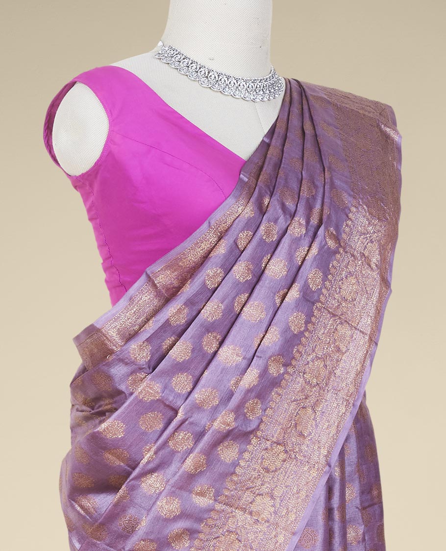 Pothys Violet tusser silk saree with zari buttas, traditional motifs zari border & intricate pallu