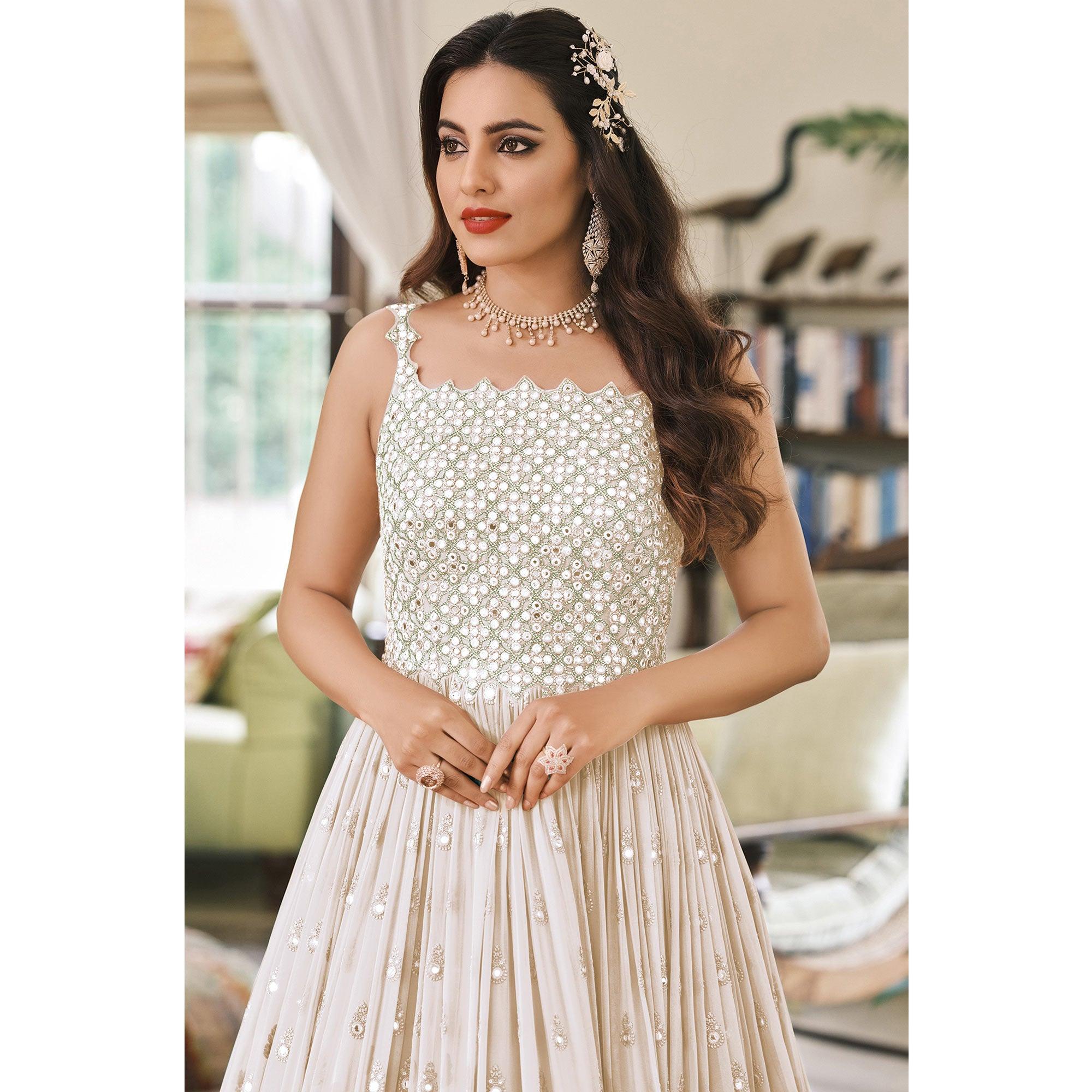 Peachmode Cream Embroidered Georgette Gown - view 4
