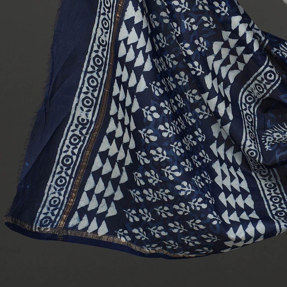 HAVELI CHRONICLES Blue - 3pc Chanderi Silk Bagru Print Dress Material 03 - view 4