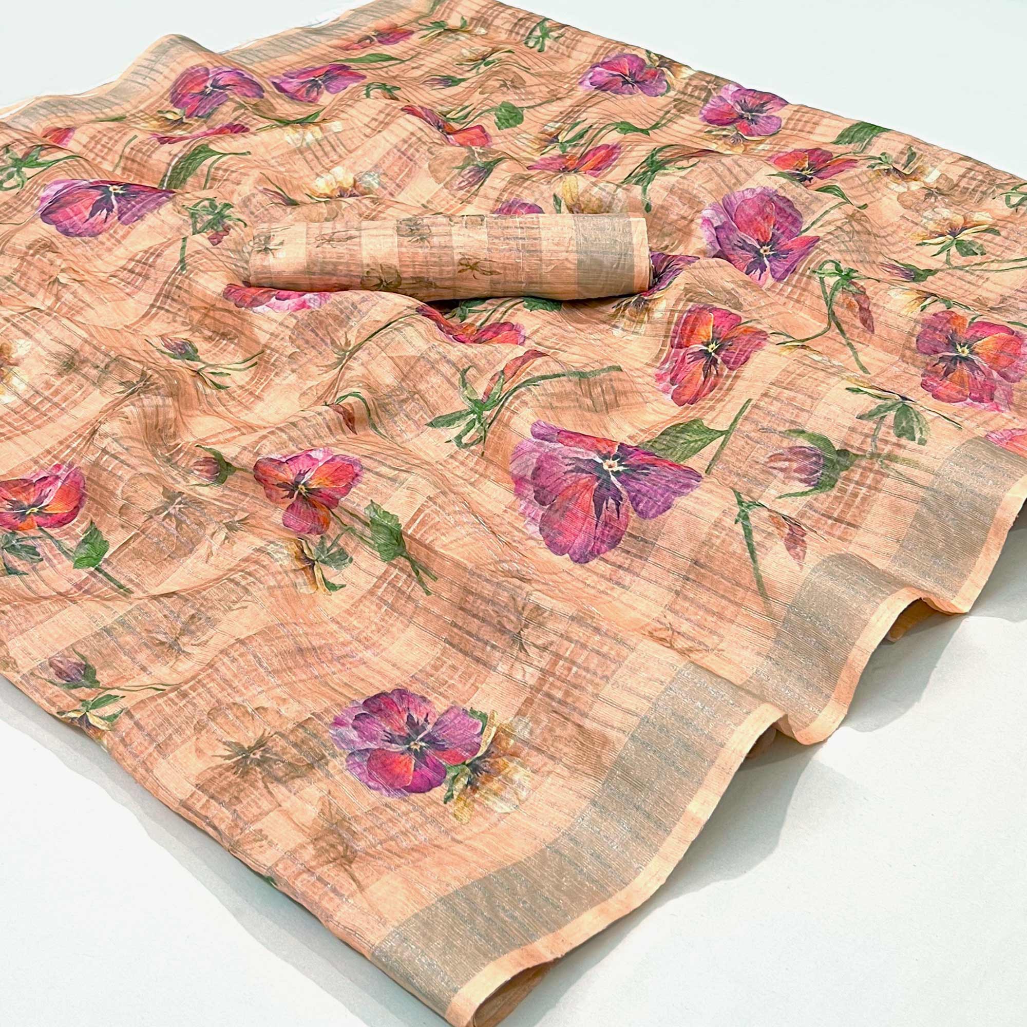 Peachmode Light Peach Floral Digital Printed Cotton Silk Saree