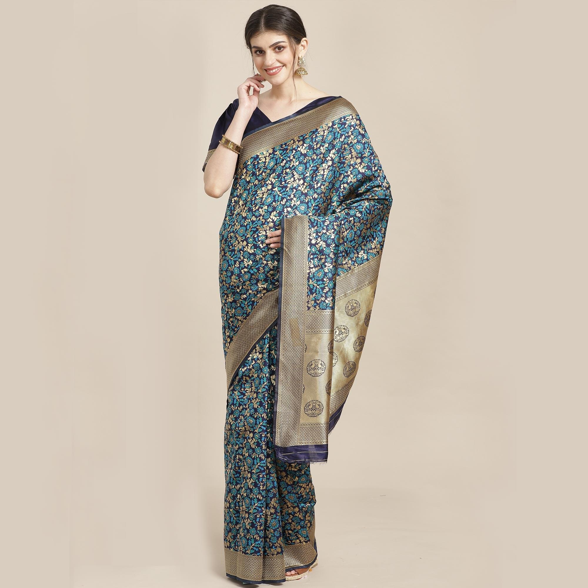 Peachmode Eye-catching Blue Colored Festive Wear Woven Silk Blend Saree