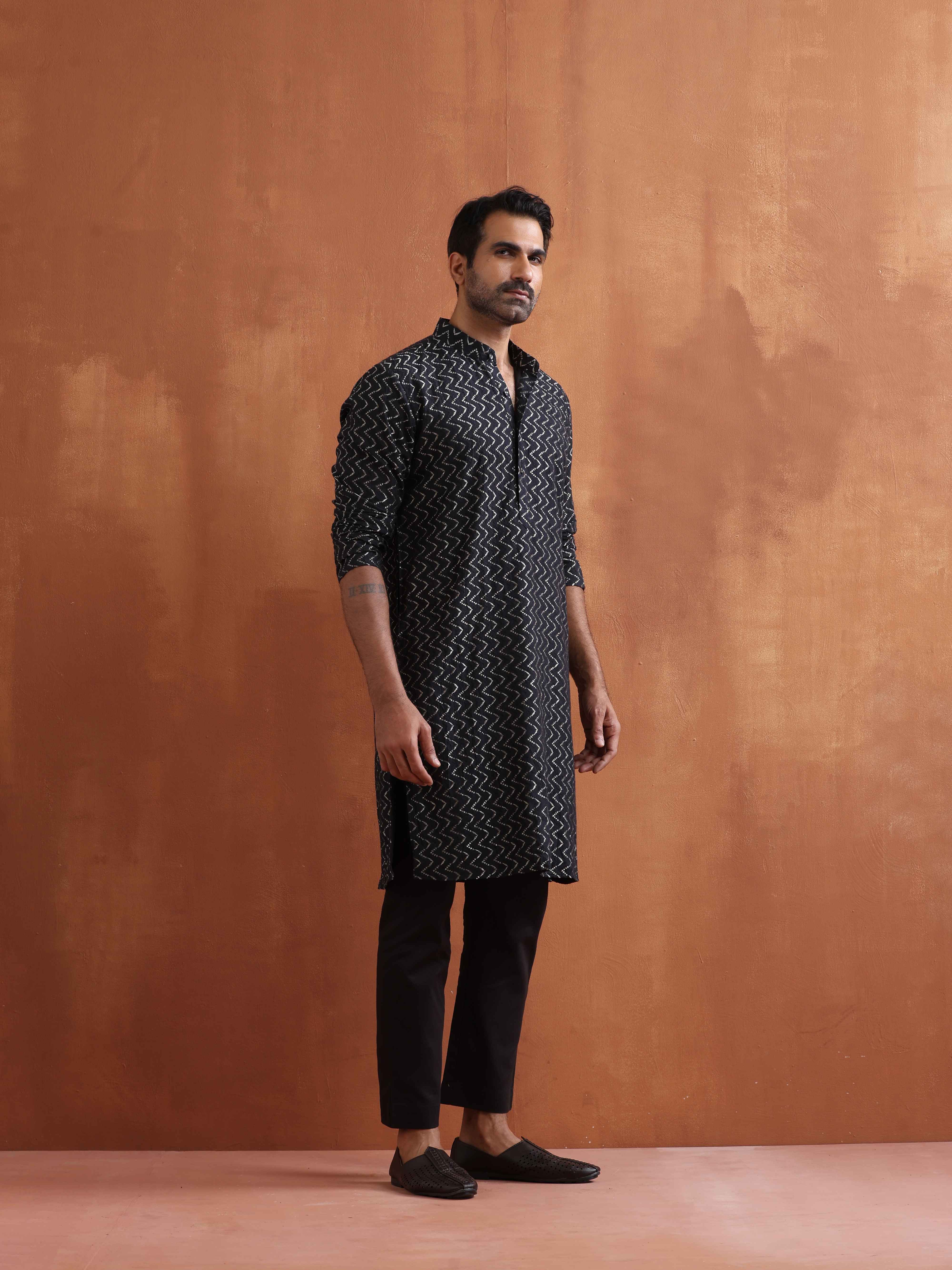trueBrowns Men's Black Cotton Dobby Kurta - view 2