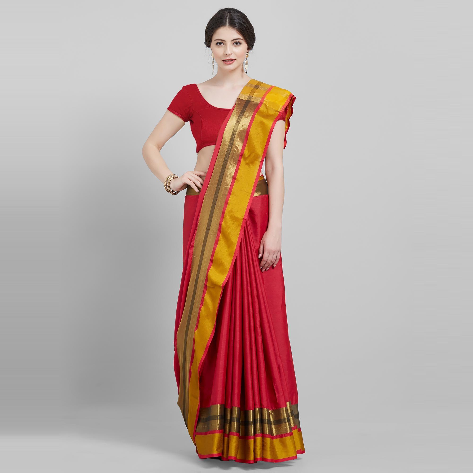 Peachmode Excellent Red Colored Festive Wear Woven Cotton Silk Saree