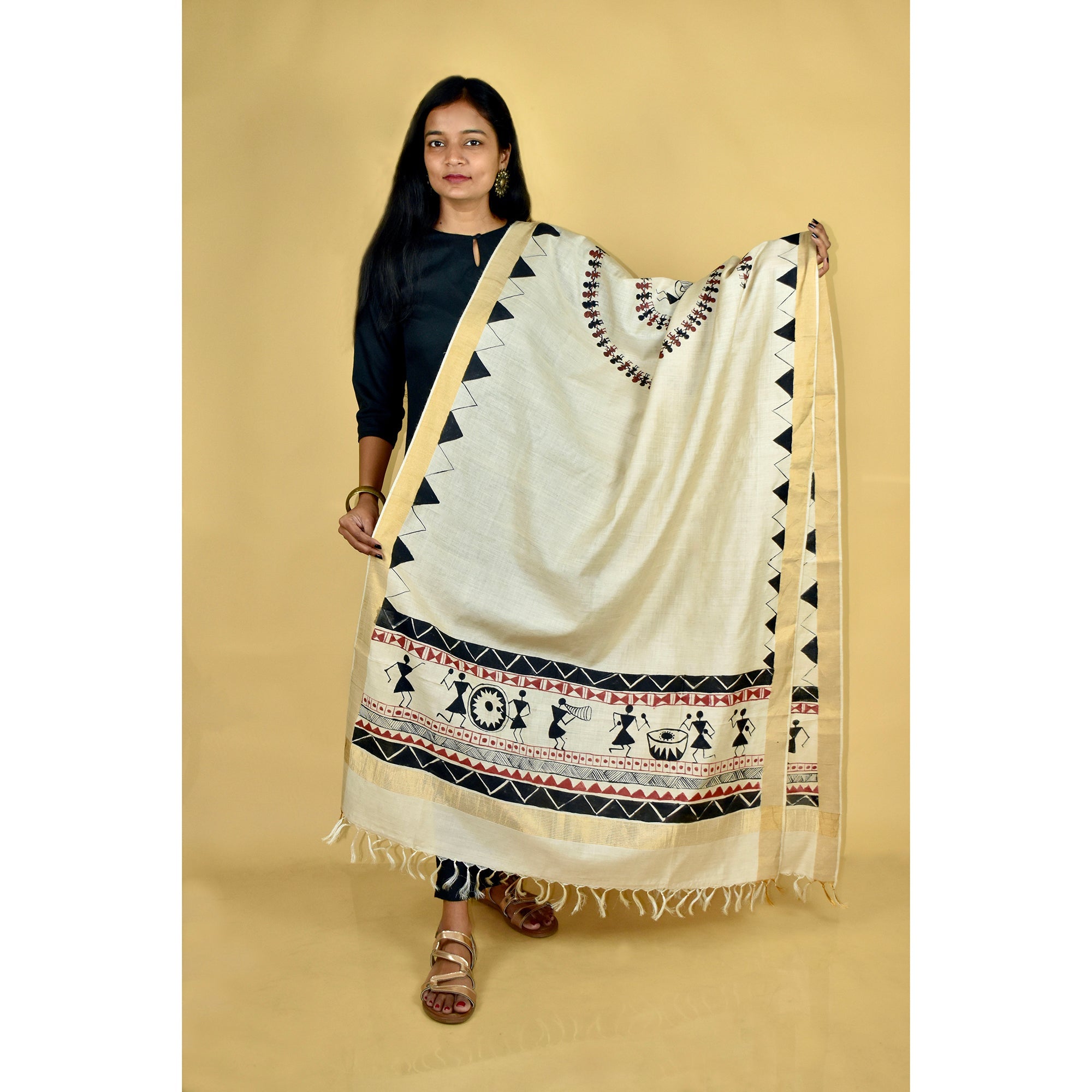 DIORAMA DESIGNS Beige - Warli Hand-painted Tussar Silk Dupatta