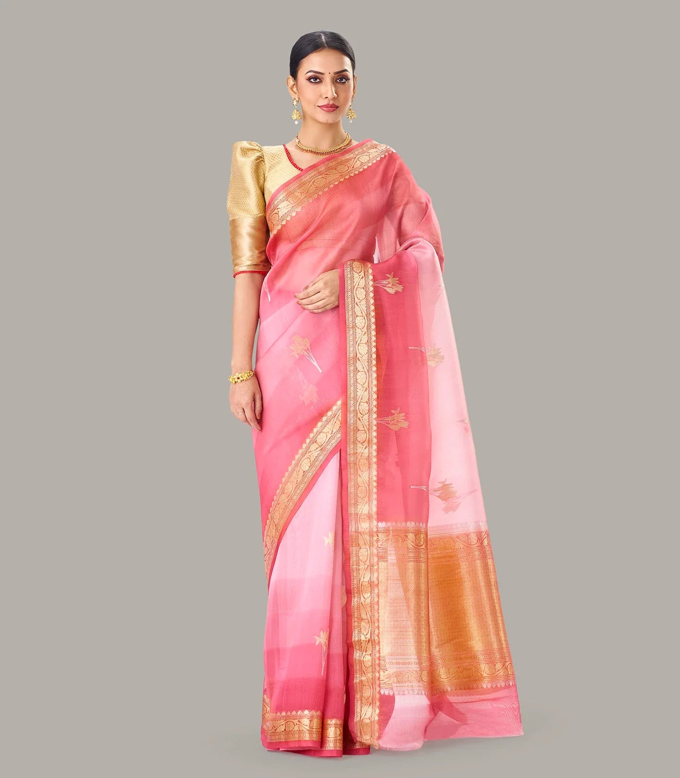 RmKV Dark Peach Banarasi Organza Silk Saree With Floral Motifs - view 3