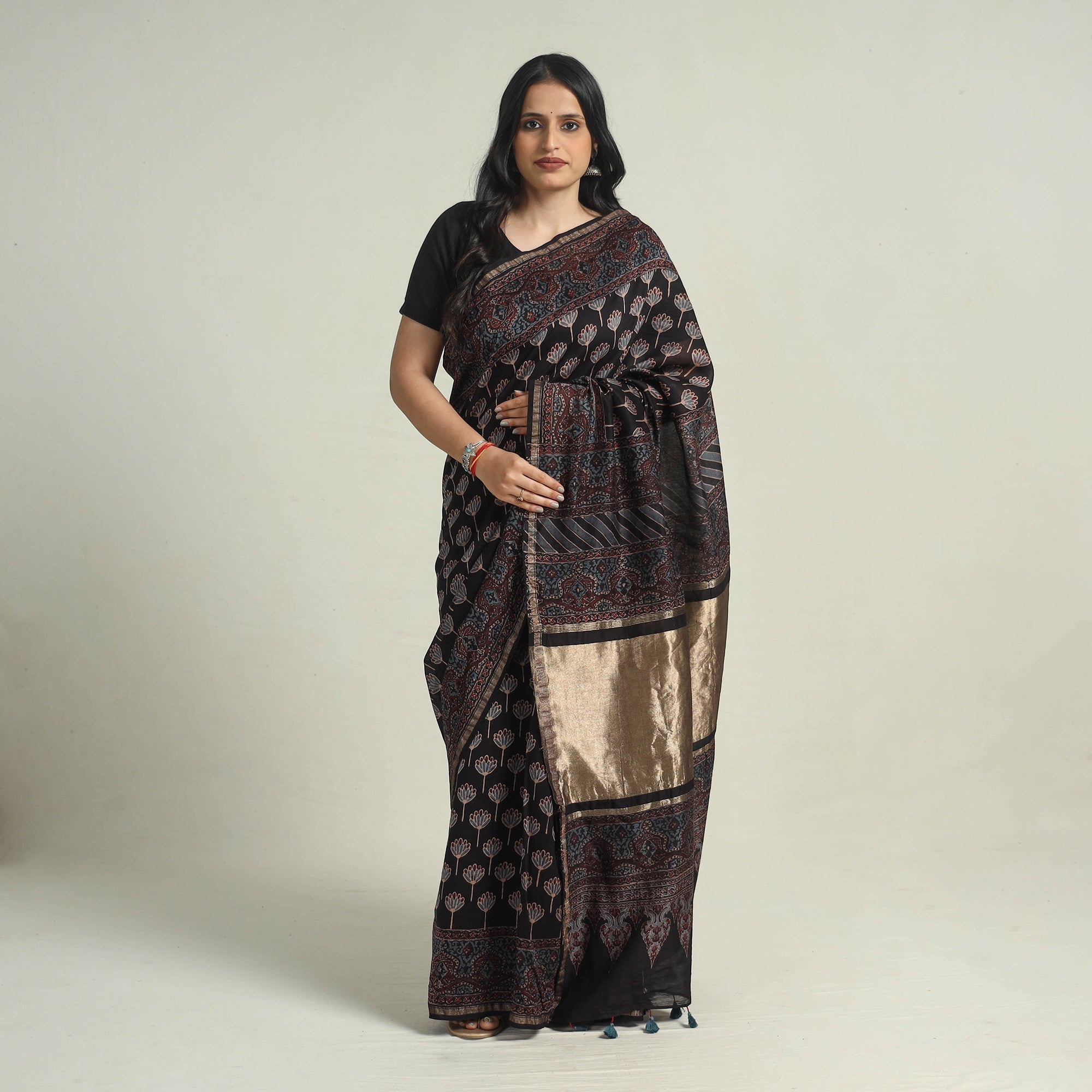 AJRAKH BY JABBAR KHATRI Black - Chanderi Silk Block Printed Ajrakh Saree 05