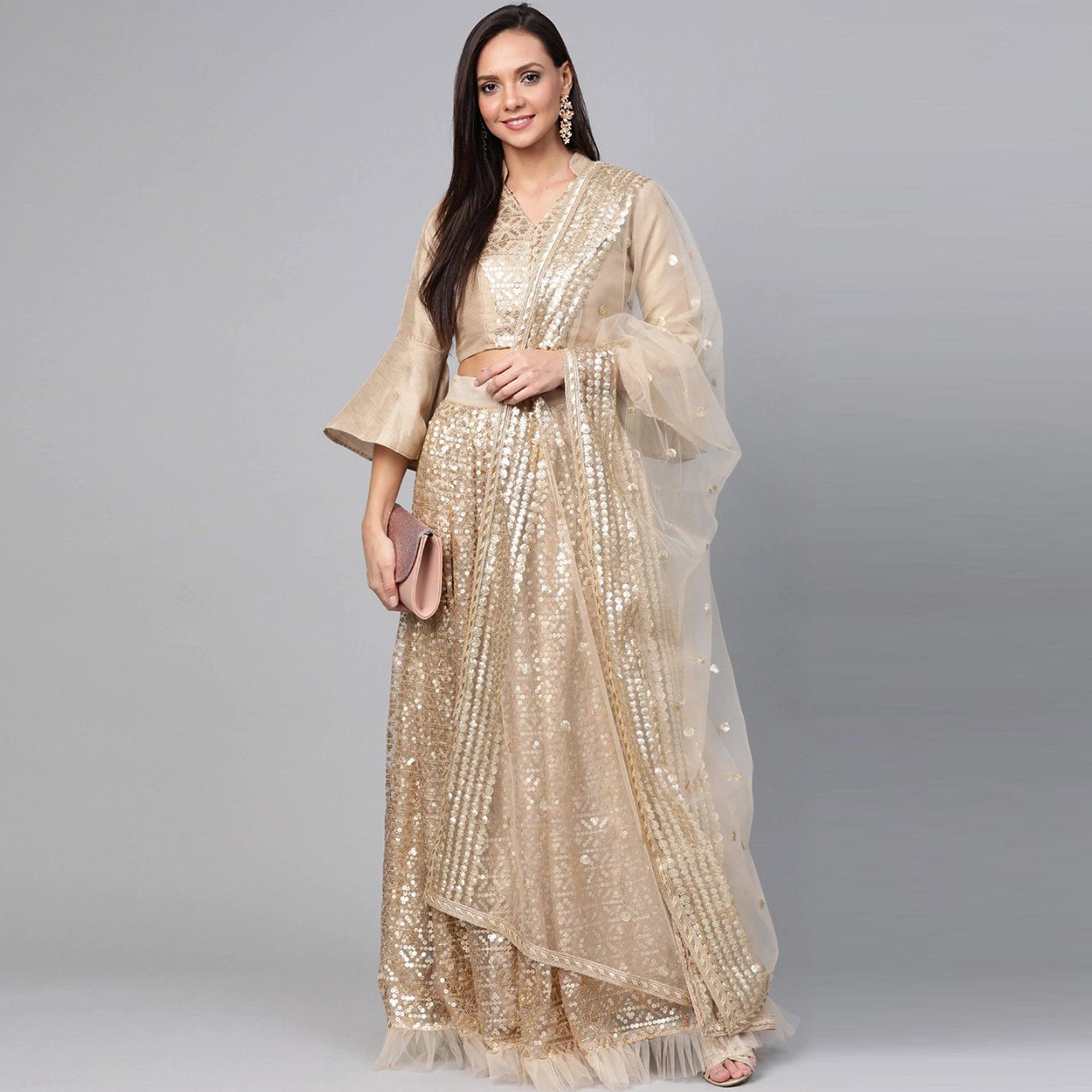 Peachmode Light Grey Designer Wedding Wear Thread Zari Work Soft Net Lehenga Choli