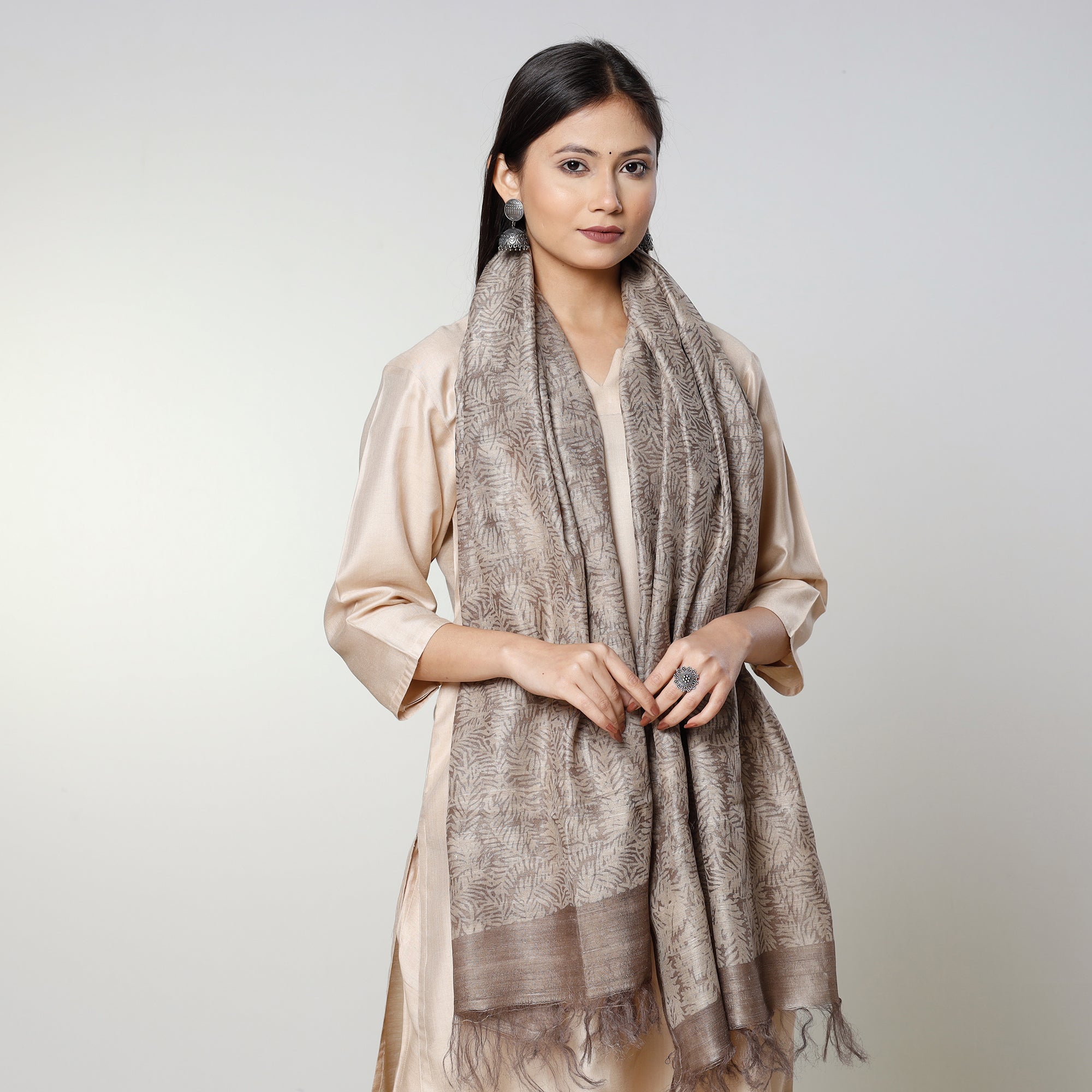 BINDAAS UNLIMITED Beige - Handloom Block Art Print Tussar Silk Bindaas Stole