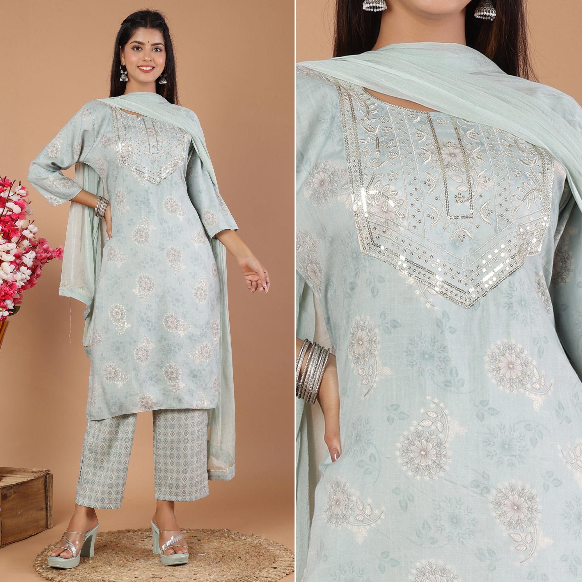 Peachmode Seller Grey Printed With Embroidered Rayon Salwar Suit