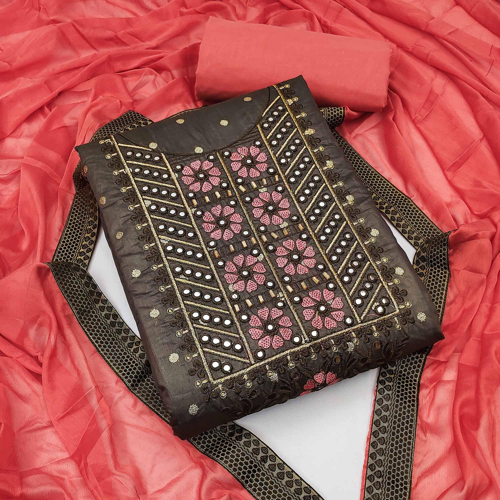 Peachmode Brown Festive Wear Embroidered With Embellished Chanderi Dress Material