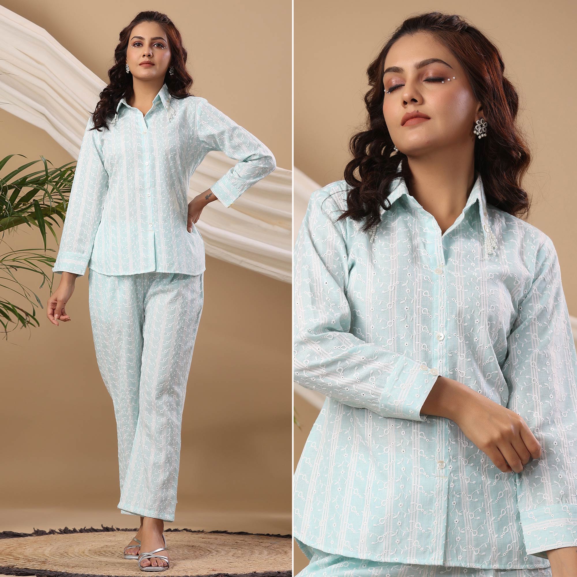 Peachmode Light Blue Embroidered Pure Cotton Co Ord Set