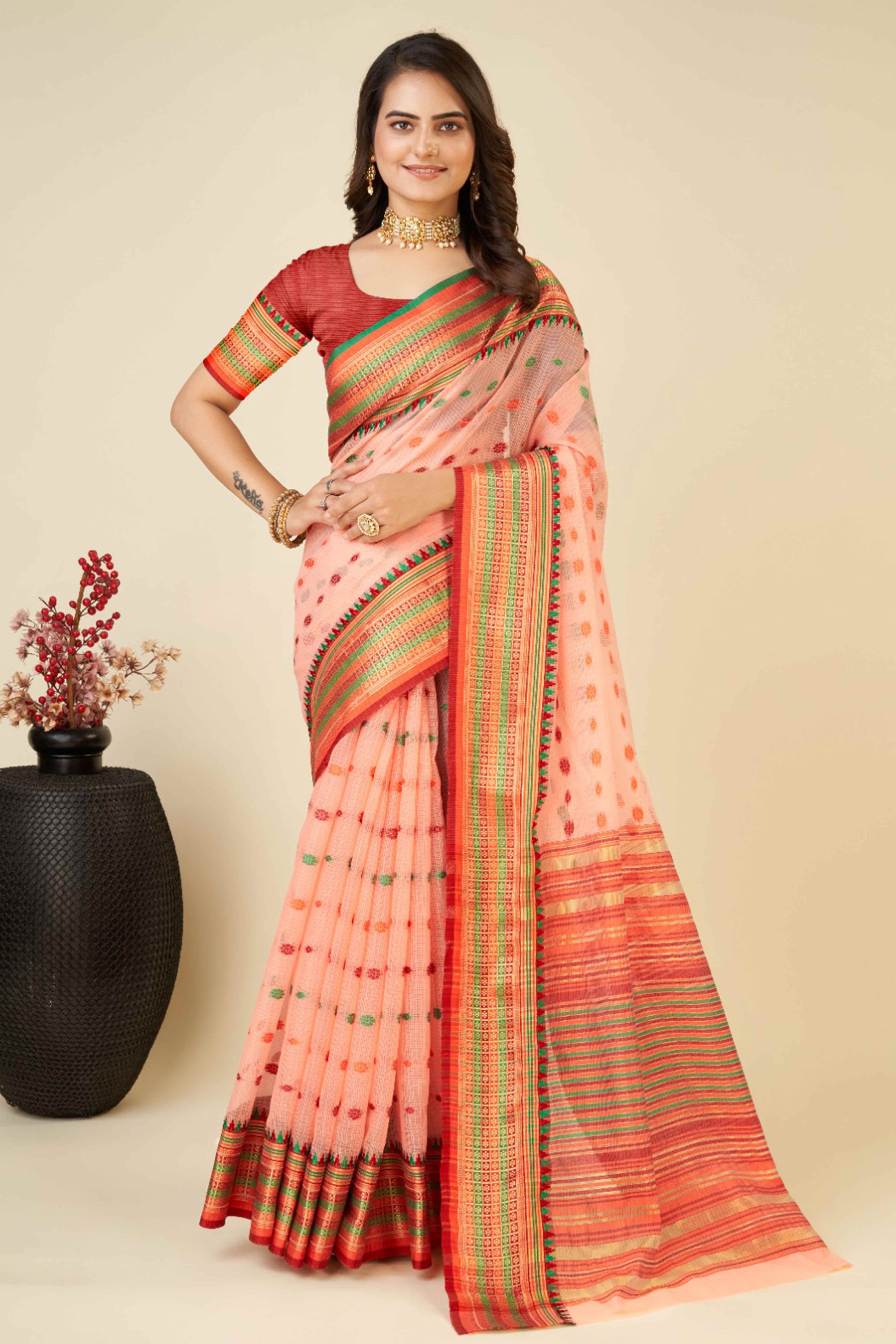 Peachmode Light Peach Zari Weaving Cotton Silk Saree