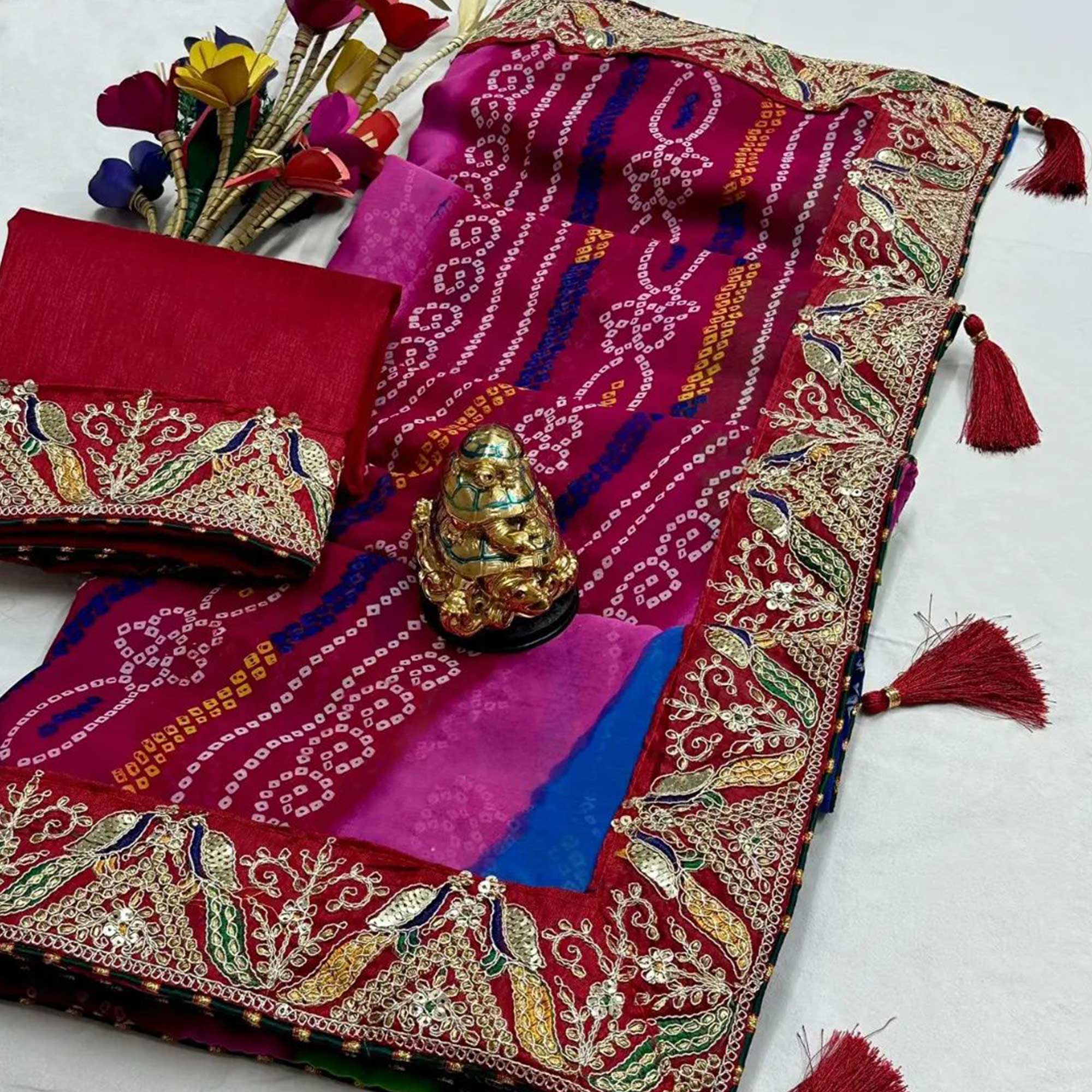 Peachmode Multicolor Bandhani Printed Georgette Saree