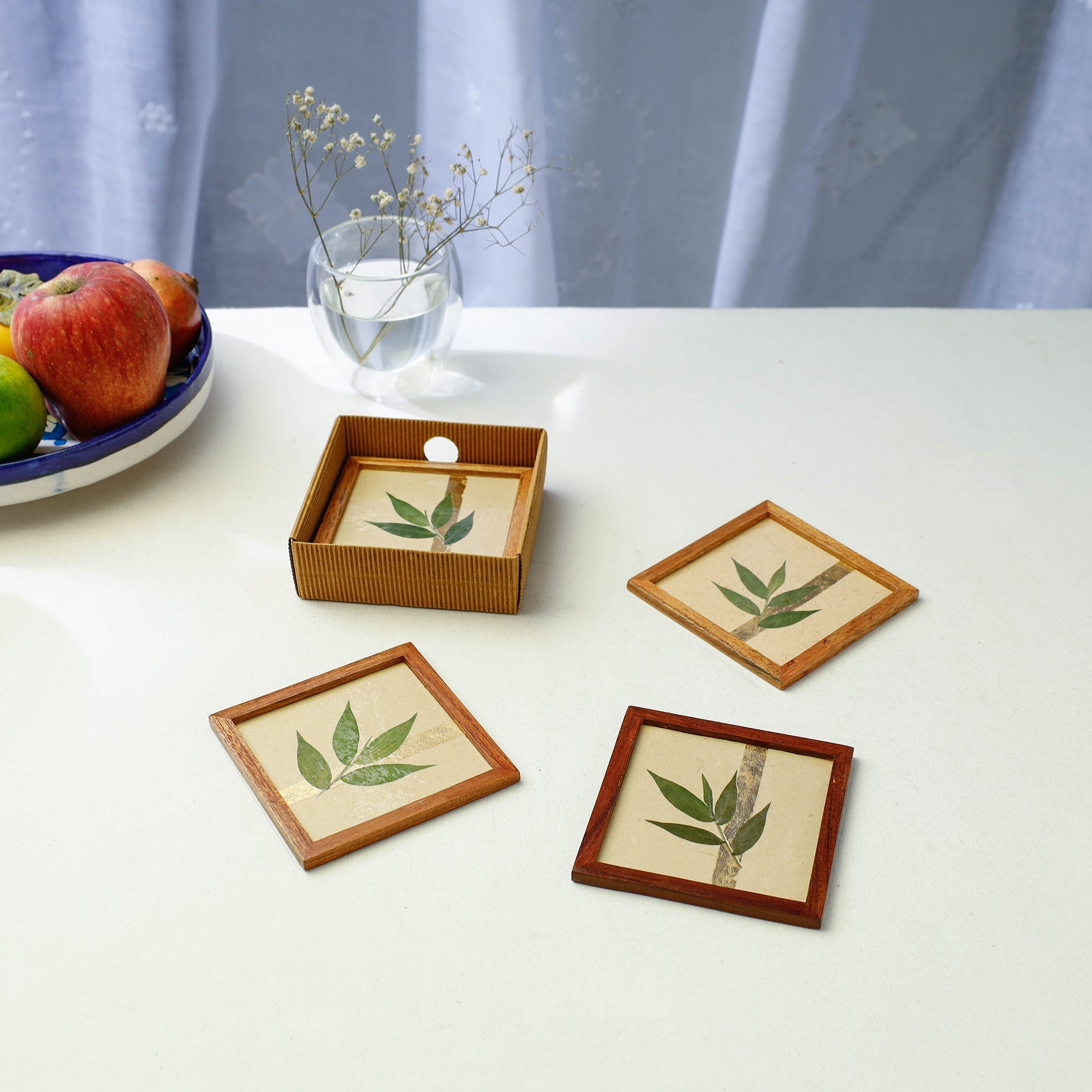 SHRADHANJALI - AN AUROVILLE UNIT Bamboo Art Work Wooden Square Coasters (Set of 4)