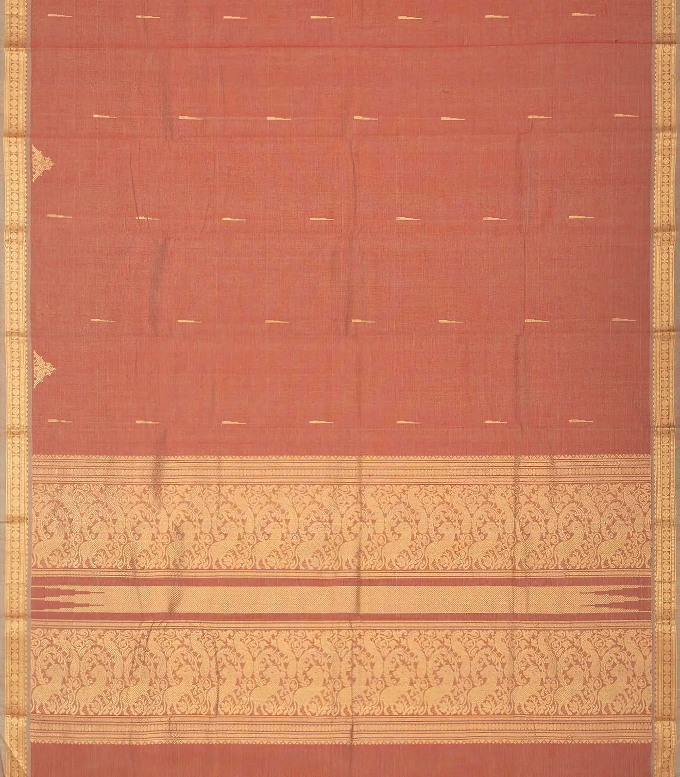 RmKV Dark Peach Handloom Kanchi Cotton Saree With Kamalam Buttas - view 2