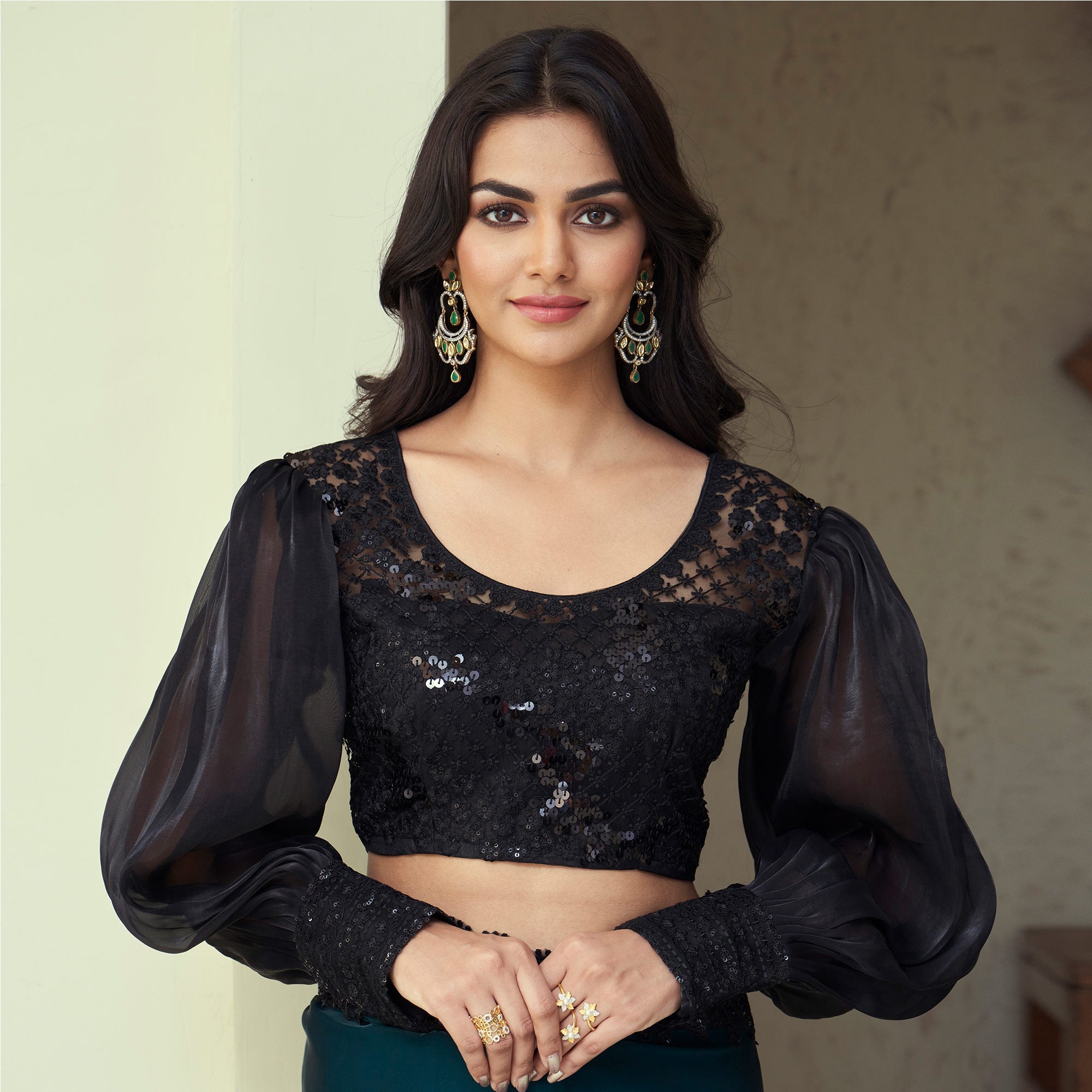 Peachmode Bottle Green Sequins Embroidered Georgette Saree - view 5